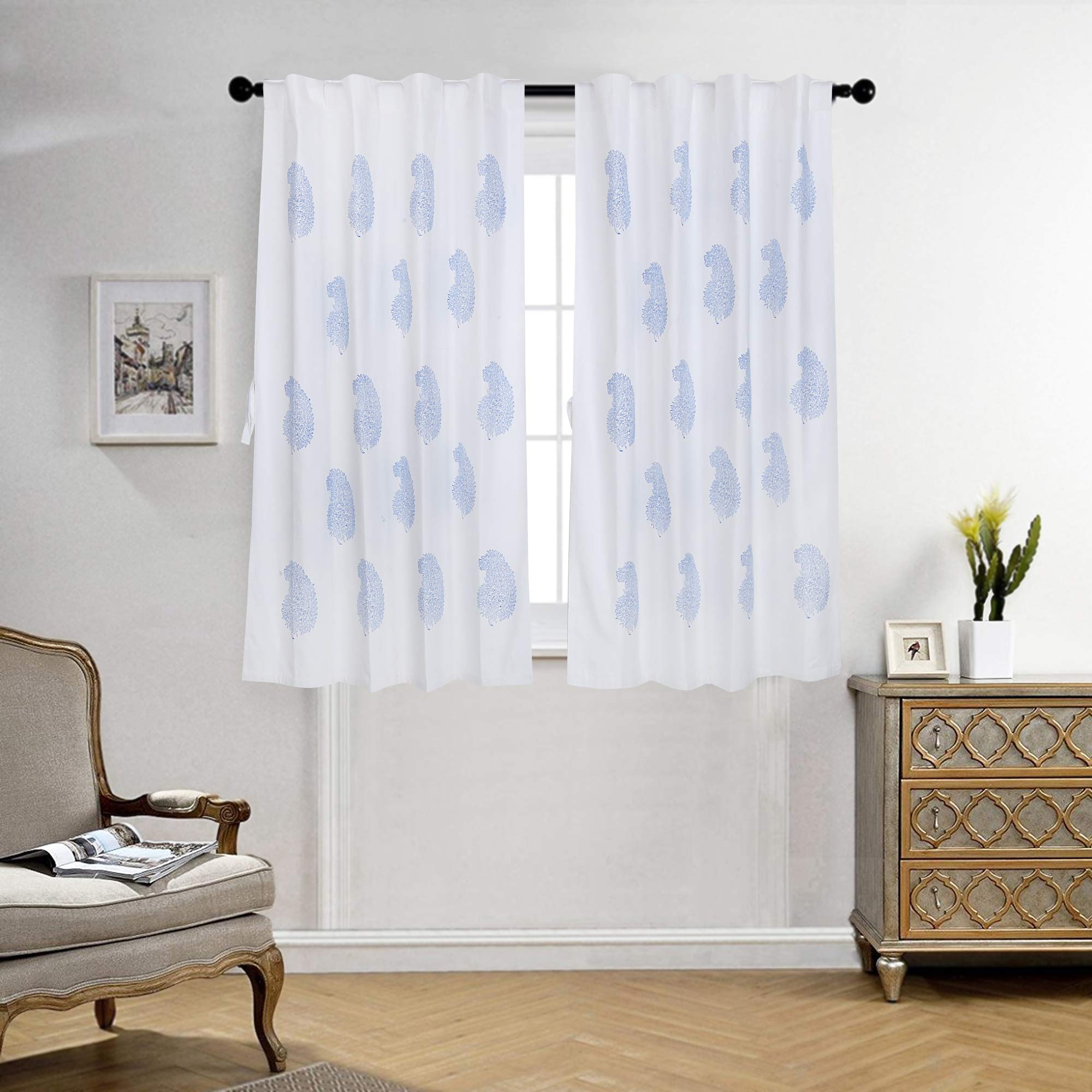 LINENWALAS Cotton Curtains Set of 2, Canvas Window Curtains for Home Decor, Hangs Elegantly with Back Loops (4.5ft x 5 ft, Blue Paisley)