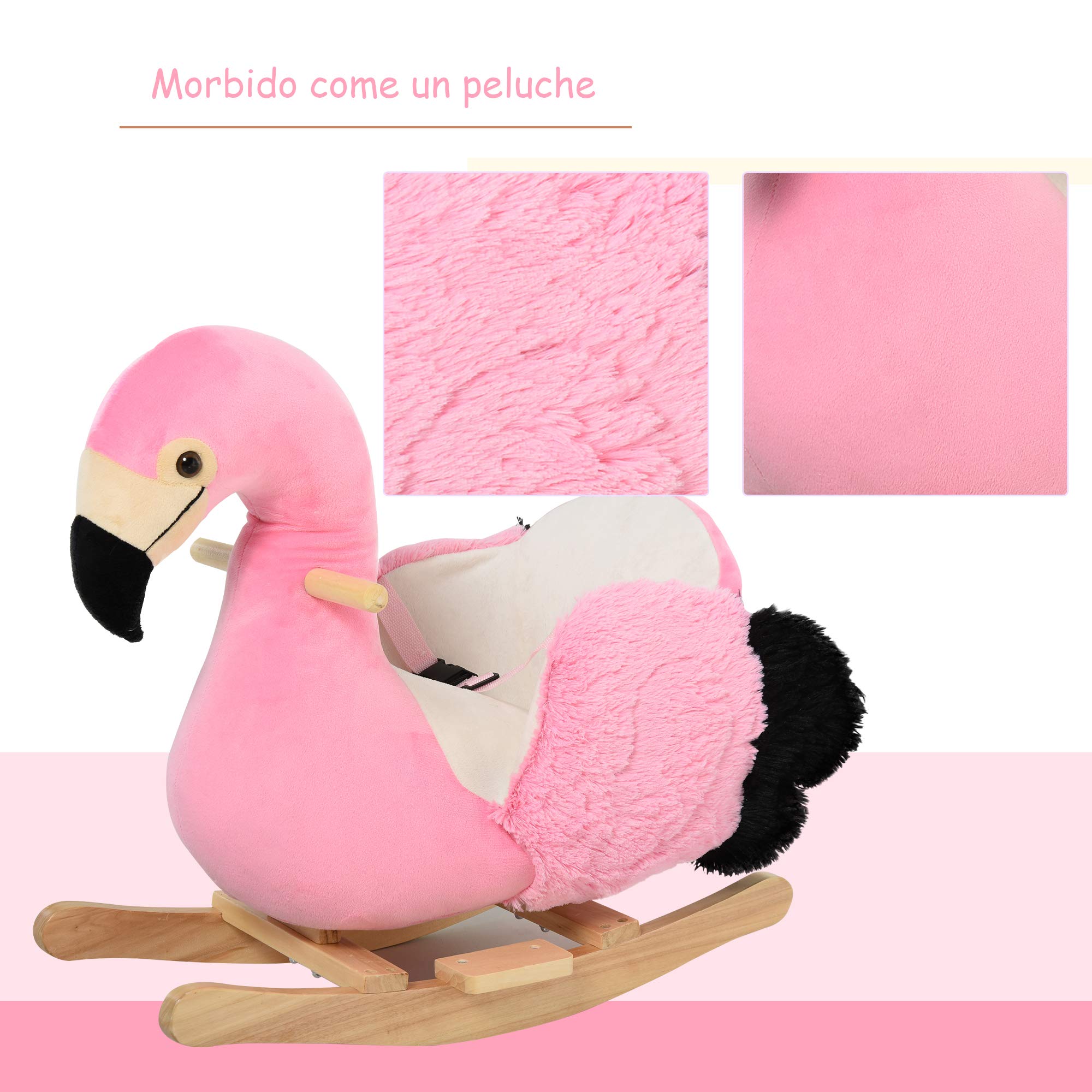 HOMCOM Cavallo a Dondolo per Bambini, Fenicottero a Dondolo per Bambini dai 18 Mesi in Legno con Cinture di Sicurezza, Rosa
