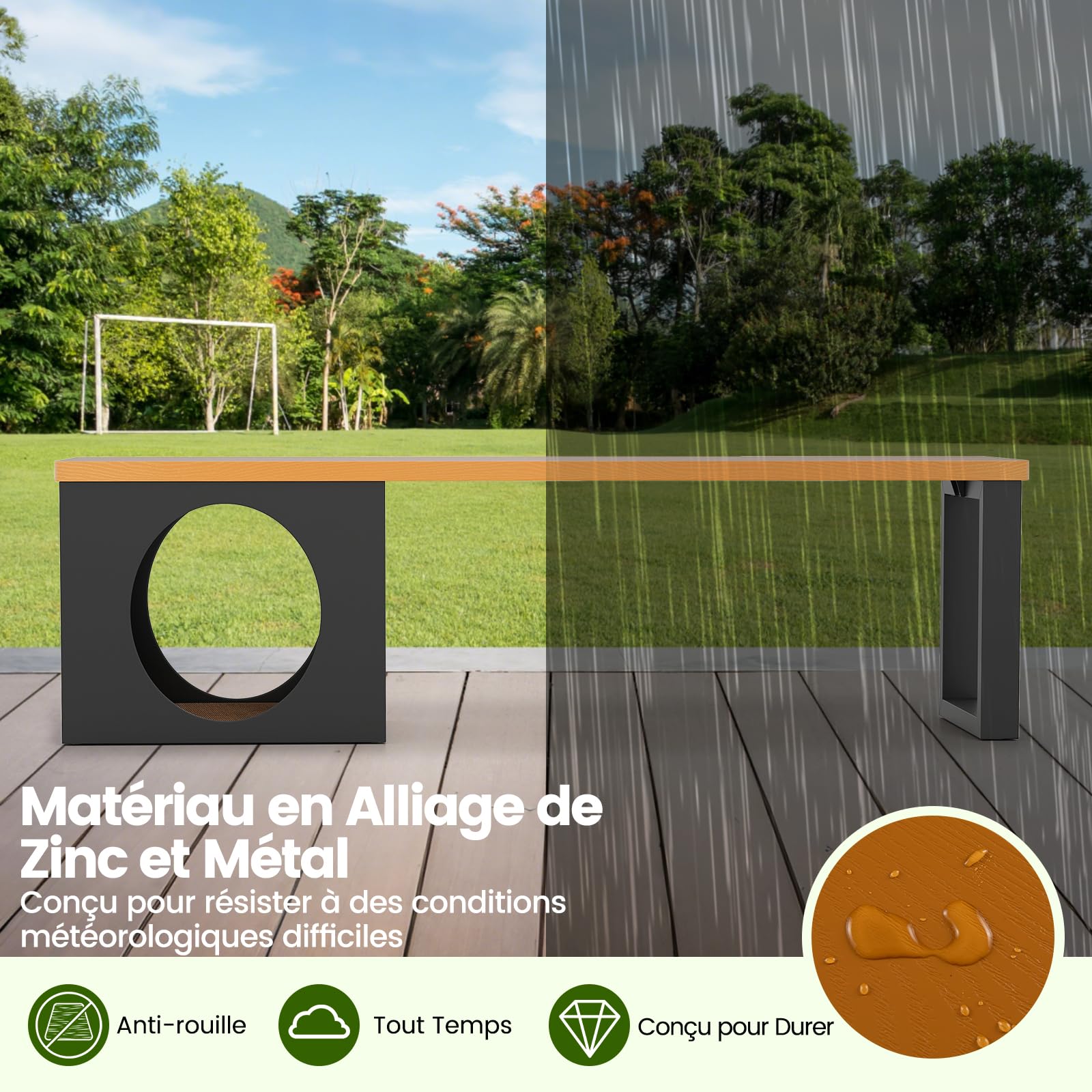 COSTWAY Banc Exterieur Jardin avec Niche pour Chat, Banc de Jardin pour 3 Personnes, Charge 450 kg, Meuble Chat avec Planche à Griffer, pour Porche Cour Entrée, 150 x 38 x 44 cm