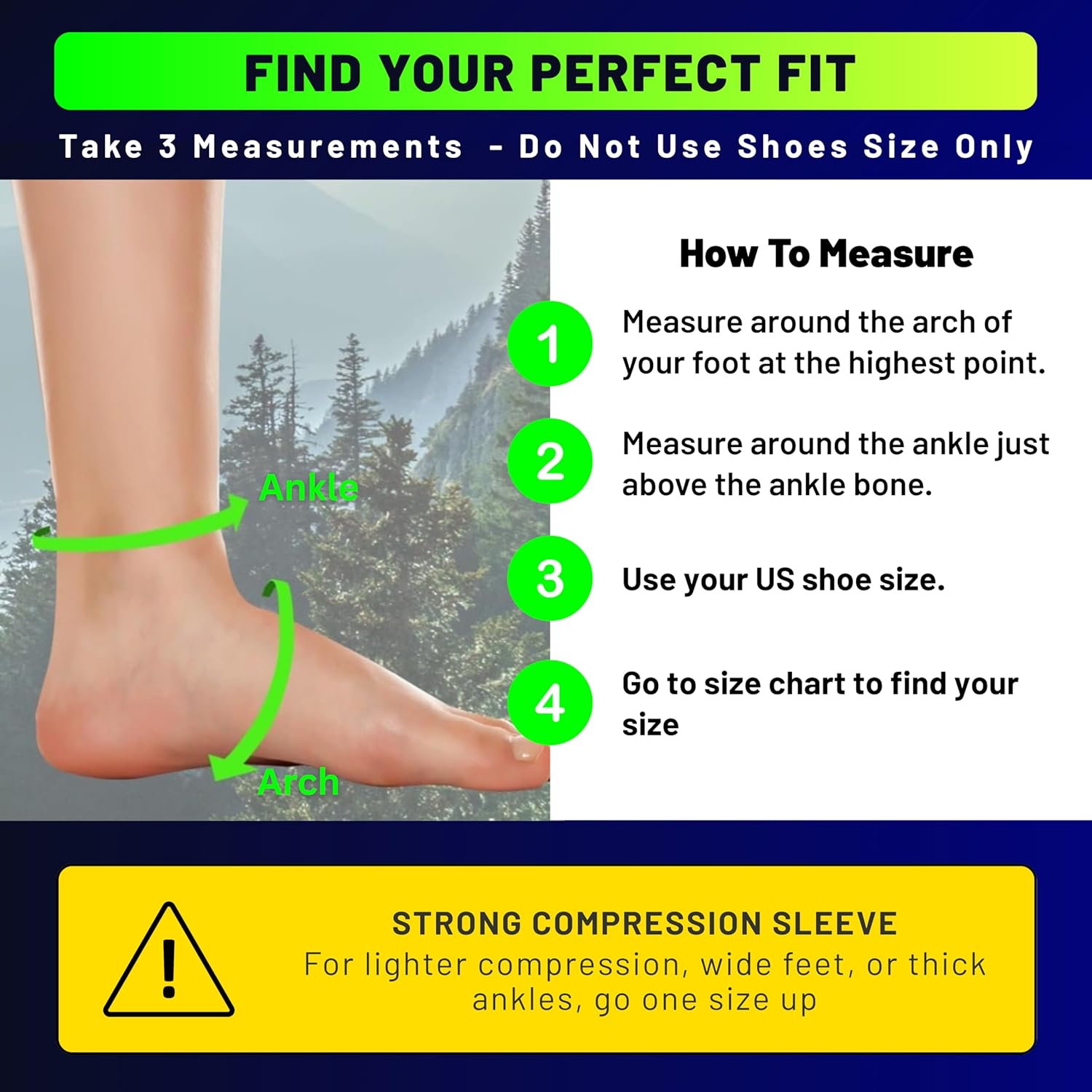 How to Find Your Perfect Fit for TechWare Pro Ankle Compression Sleeve An instructional image for fitting the TechWare Pro Ankle Compression Sleeve, showing a foot with green measurement lines around the arch and ankle. The background features a scenic mountain landscape. Text on the right provides a step-by-step guide: 1) Measure around the arch at the highest point, 2) Measure around the ankle just above the ankle bone, 3) Use your US shoe size, and 4) Go to the size chart. A yellow warning box at the bottom advises going one size up for lighter compression, wide feet, or thick ankles.