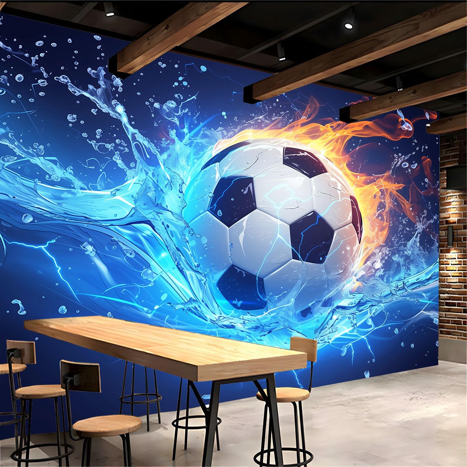 Tapete 3D Fototapete Wasser-Feuer-Fußball 250x175 cm Vliestapete Wandtapete Wandbilder 3D Druck Foto Tapeten für Wohnzimmer Schlafzimmer Vlies Tapete Motivtapeten