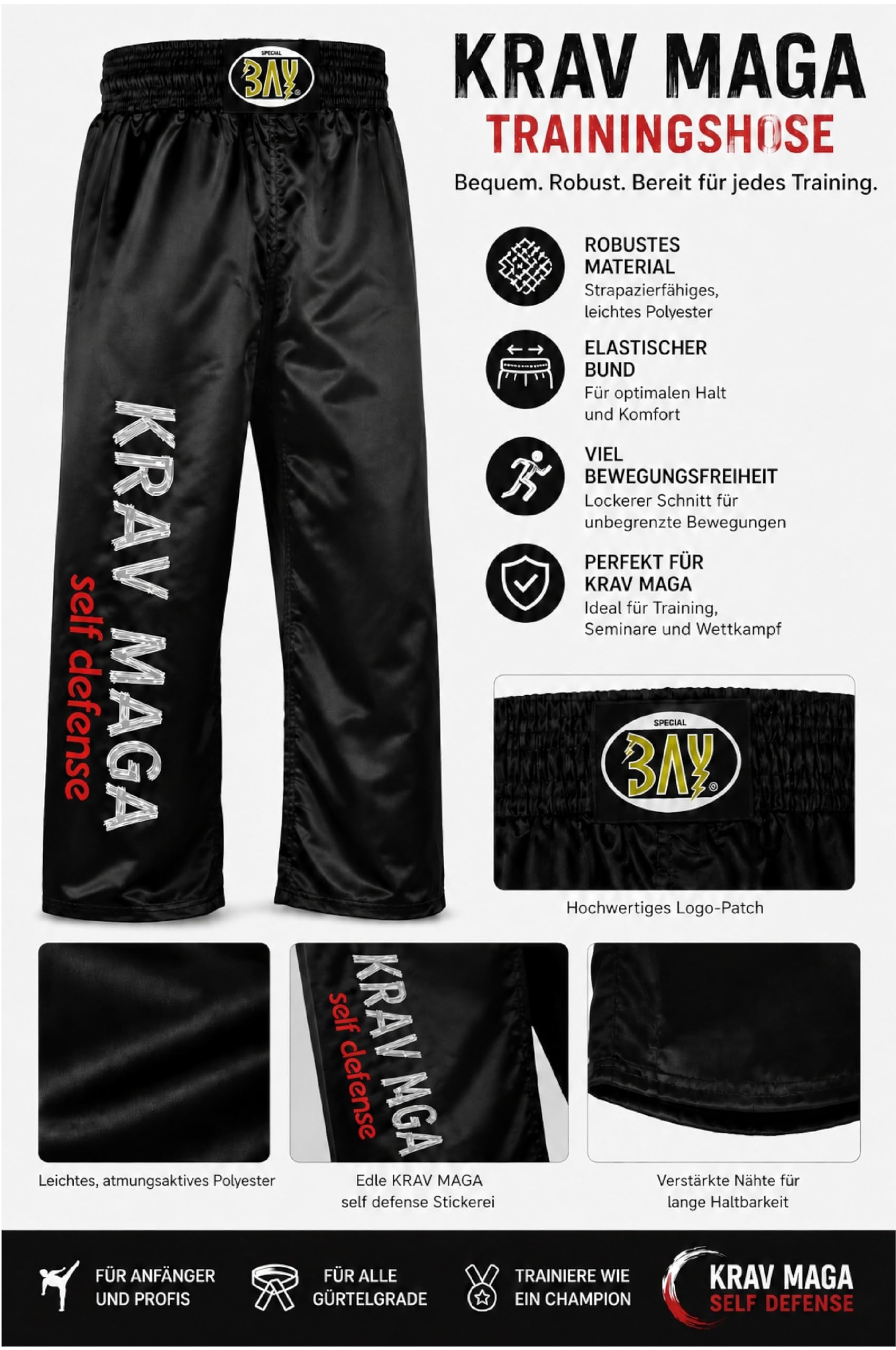 BAY Krav MAGA Satin Kampfsporthose Trainingshose Polyester Schwarz lang mit gesticktem Schriftzug am rechten Hosenbein Erwachsene Damen Herren Kinder Mädchen Jungen Größen 4XS - XXL