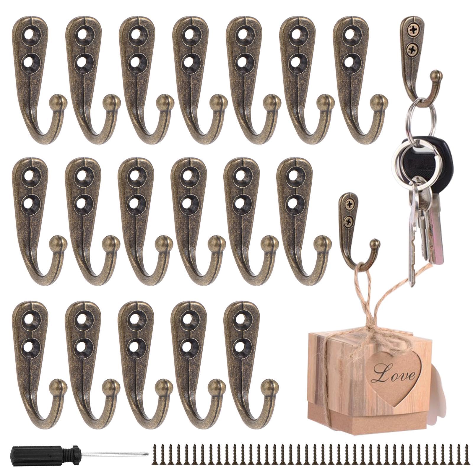 20Pcs Small Coat Hooks Wall Mounted, Heavy Duty Bronze Coat-Hooks with 40 Screws, Wall Mounted Single Hook, Vintage Single Metal Robe Hooks for Hanging Key Jewelry Cup Cloth Bag Cap, Screwdriver