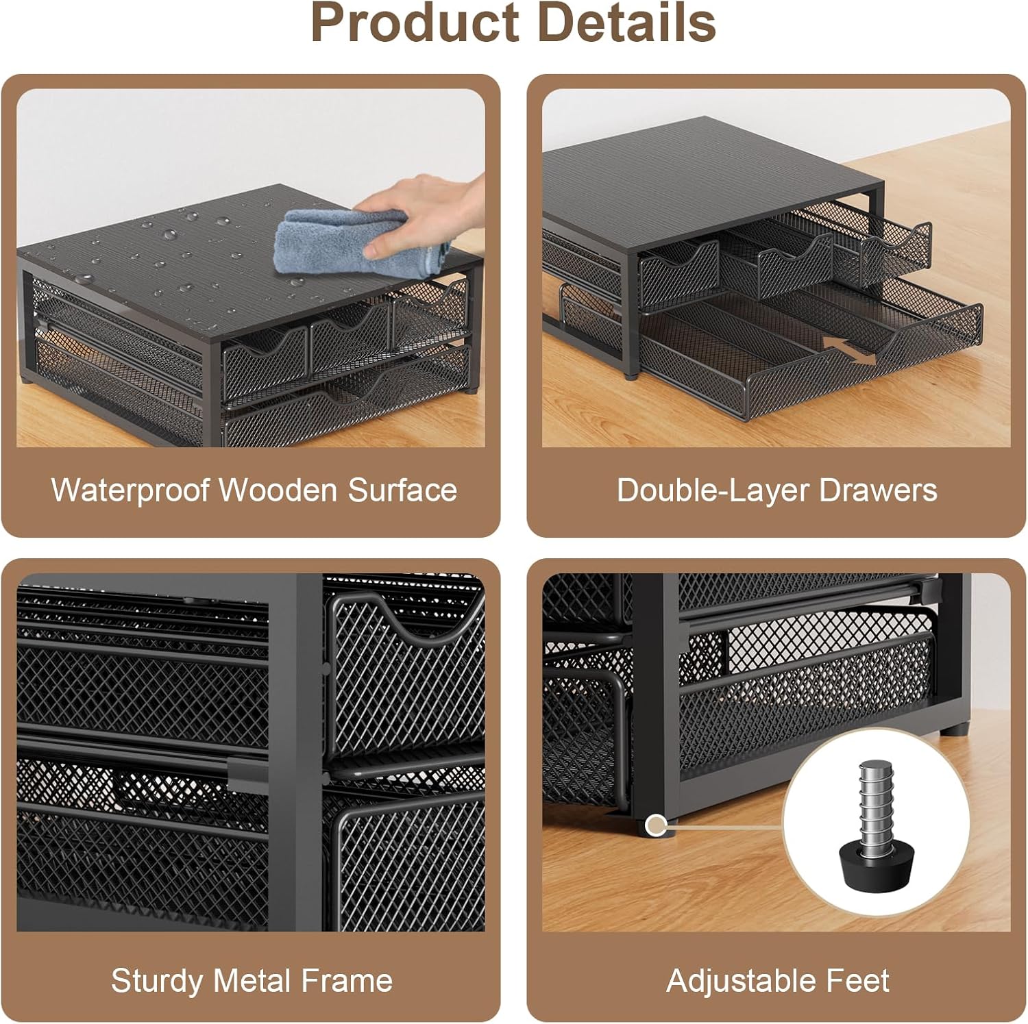 Coffee Pod Holder For Counter, 3 Pull-Out 72 K-Cup Holder Drawer, Wooden Cafe Pods Storage Organizer with Sliding Drawers for Coffee Station, Home, Kitchen, Office, Dorm (Black)