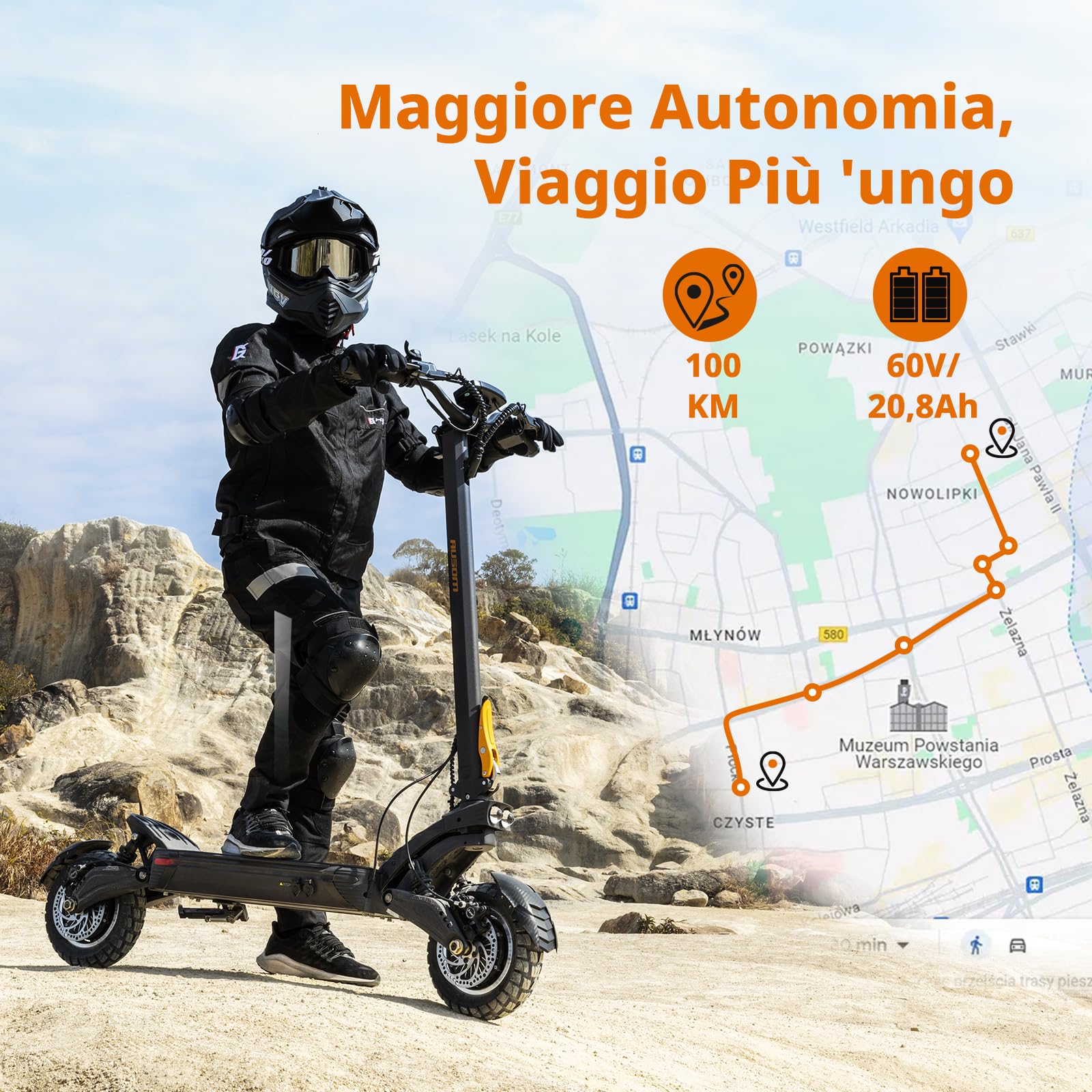 Monopattino Elettrico Ausom F1 Max, Dual Motor, Batteria 60V 20.8Ah, Resistenza fino a 100 km, Pneumatici Da 10x3.0 Pollici, Monopattino Elettrico Adulto Pieghevole