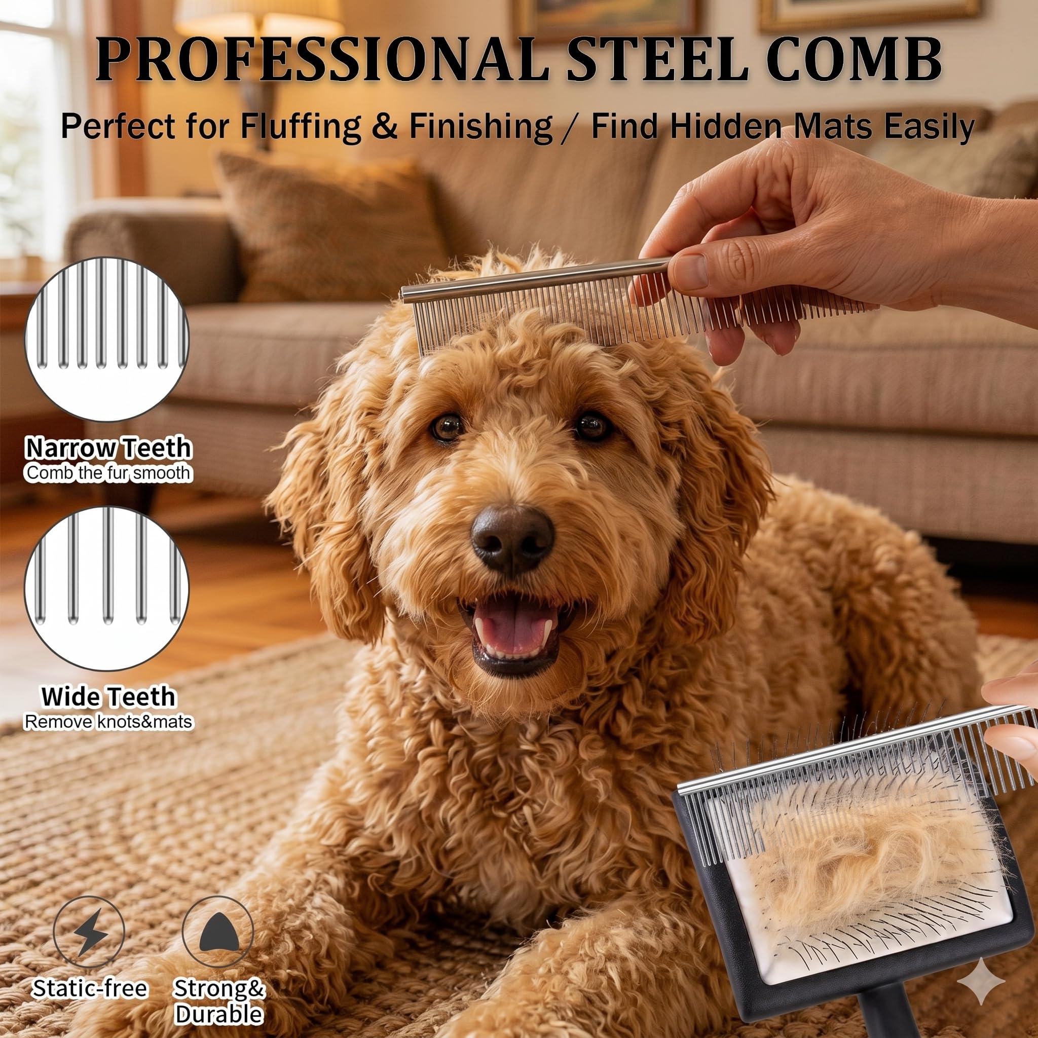 Grande brosse à démêler pour chiens – Brosse longue pour tapis et perte de poils sur chiens à poils longs, gribouillages, caniches, dorés, labradoodle, kit de toilettage 3 pièces avec manche