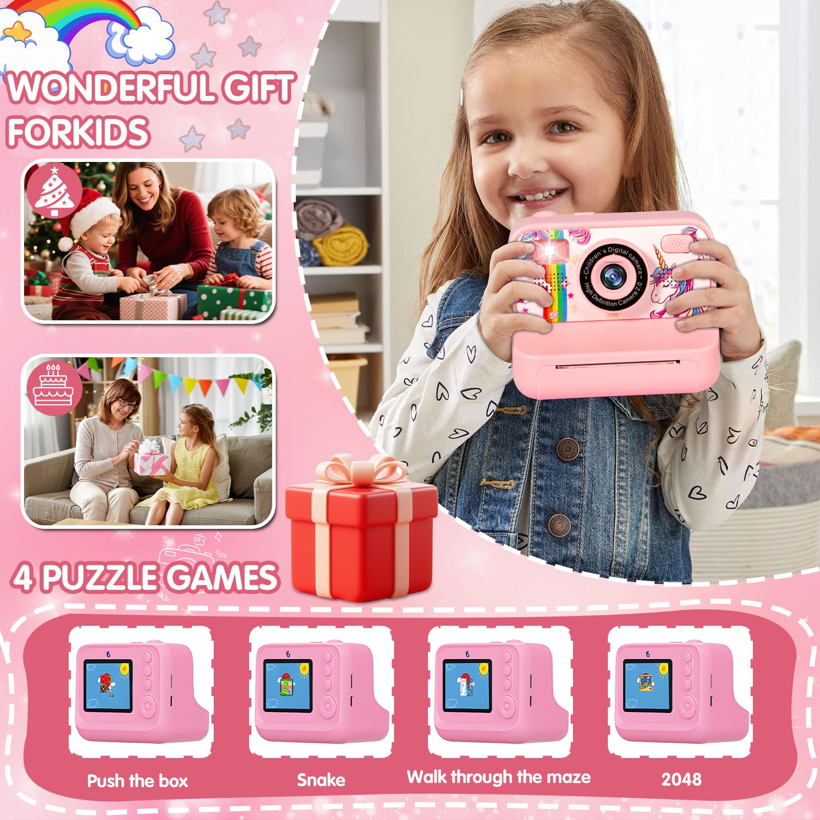 Macchina Fotografica Bambini Istantanea, 2.4" 1080P Fotocamera Bambini con 32 GB Schede e Carta da Stampa, Macchina Fotografica Bambino, 180 °Flip Len,Regali per Ragazzi Ragazze da 3-12 Anni