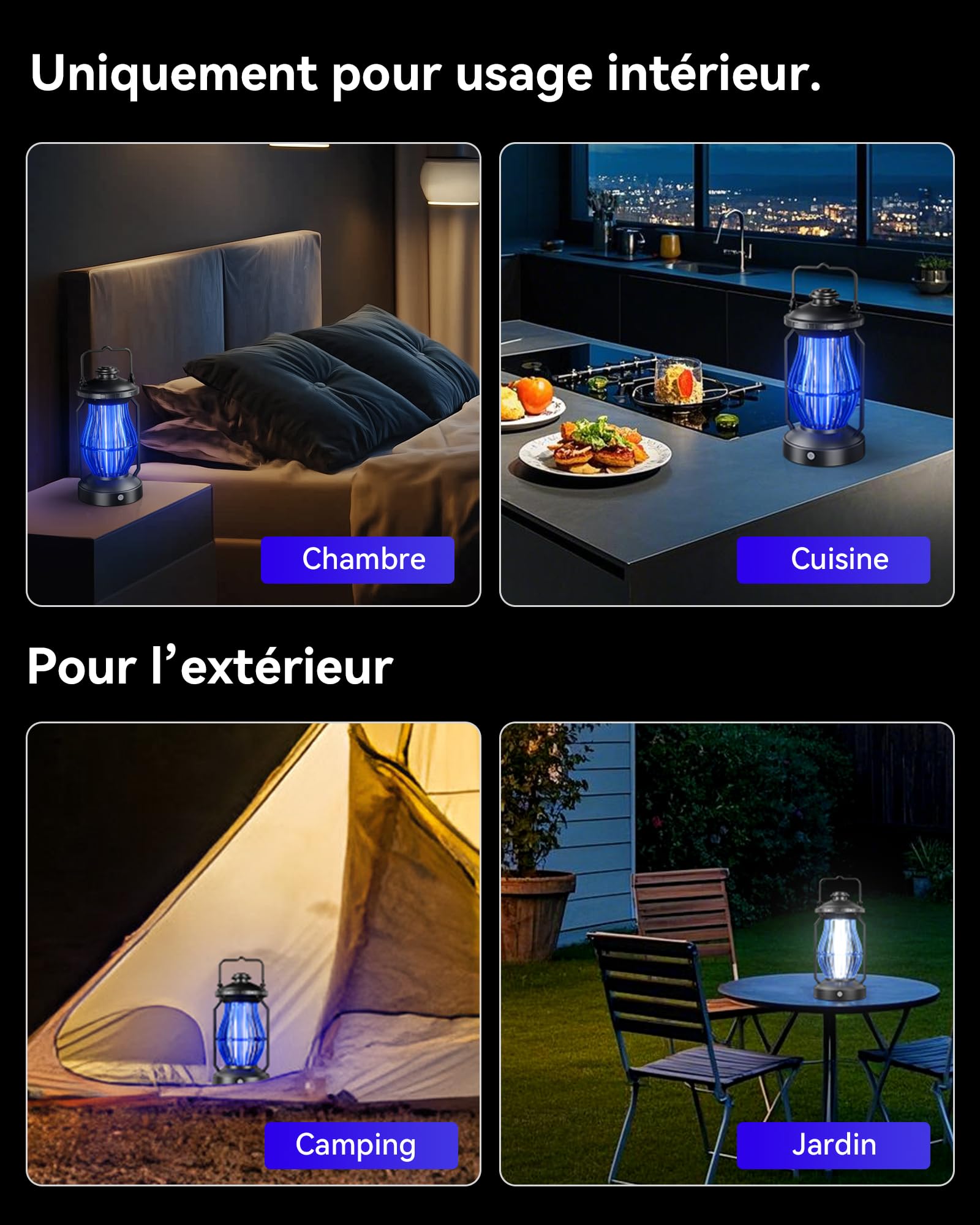 Insektenvernichter Elektrisch,1300V UV Mückenlampe & LED-Campinglaterne, 15W Mückenfalle Innen & Außen, Wasserdicht IPX4 Fliegenfalle gegen Mücken, Fliegen, Motten, 360° Wirkungsbereich