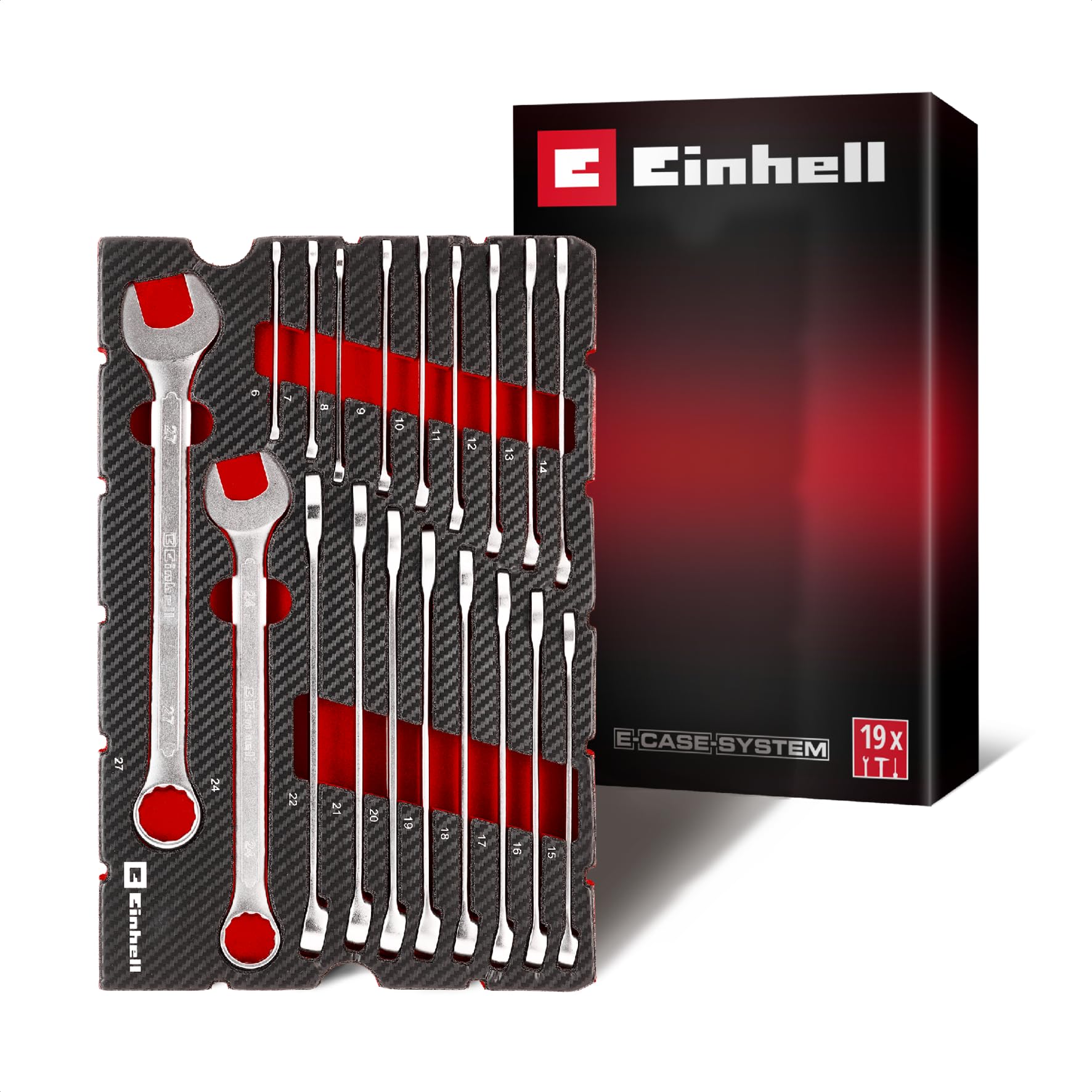 Original Einhell E-Case Pad 19 pezzi chiavi combinate (Ø 6–27 mm, profilo 12 lati, acciaio cromo-vanadio, finitura satinata, inserto EVA, sistema E-Case)