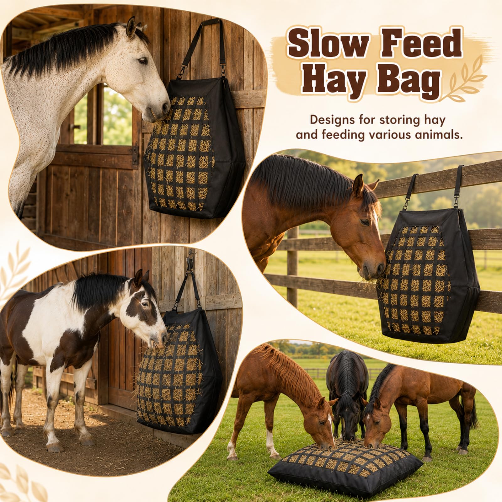 Heusack für Pferde mit 6cm Löchern, Heutasche Futterbeutel Haybag Slow Feeder, Heunetz für Pferde aus robust & wetterfest Oxford, Heuraufe Pferd mit Bodenriemen und Metallhaken, bis 10 kg Heu