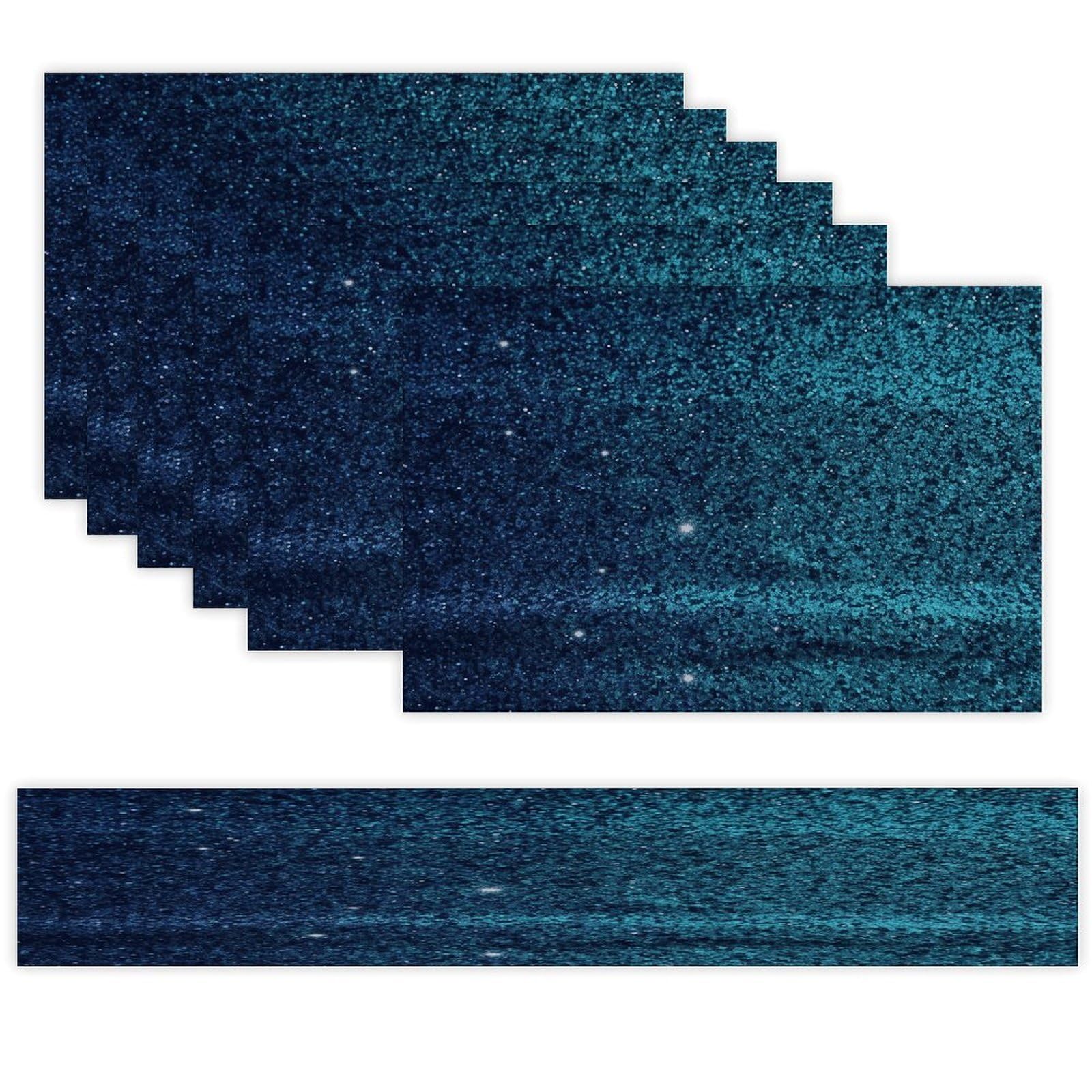 Teal Glitter Table Runner and Placemats Set of 6 Wipe Clean Heat Resistant Table Mat with Table Runner Decorations Flax Linen Place Mat Set for Home Kitchen Party Supplies