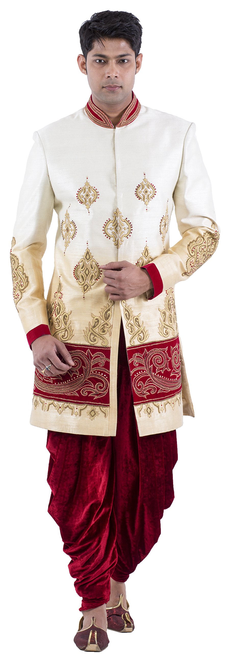 Men's cream Golden Colour Omray INDOWESTERN H/Emb & Velvet Touch With Maroon Harem-image-27