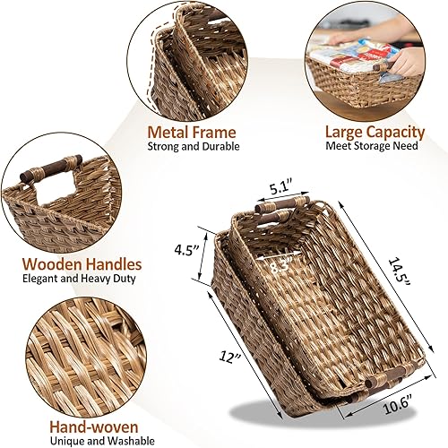 Miniatura 3 de ROSOS Cestas de mimbre, 2 unidades, canastas de mimbre grandes lavables para almacenamiento con asas de madera, cesta de almacenamiento de mimbre de