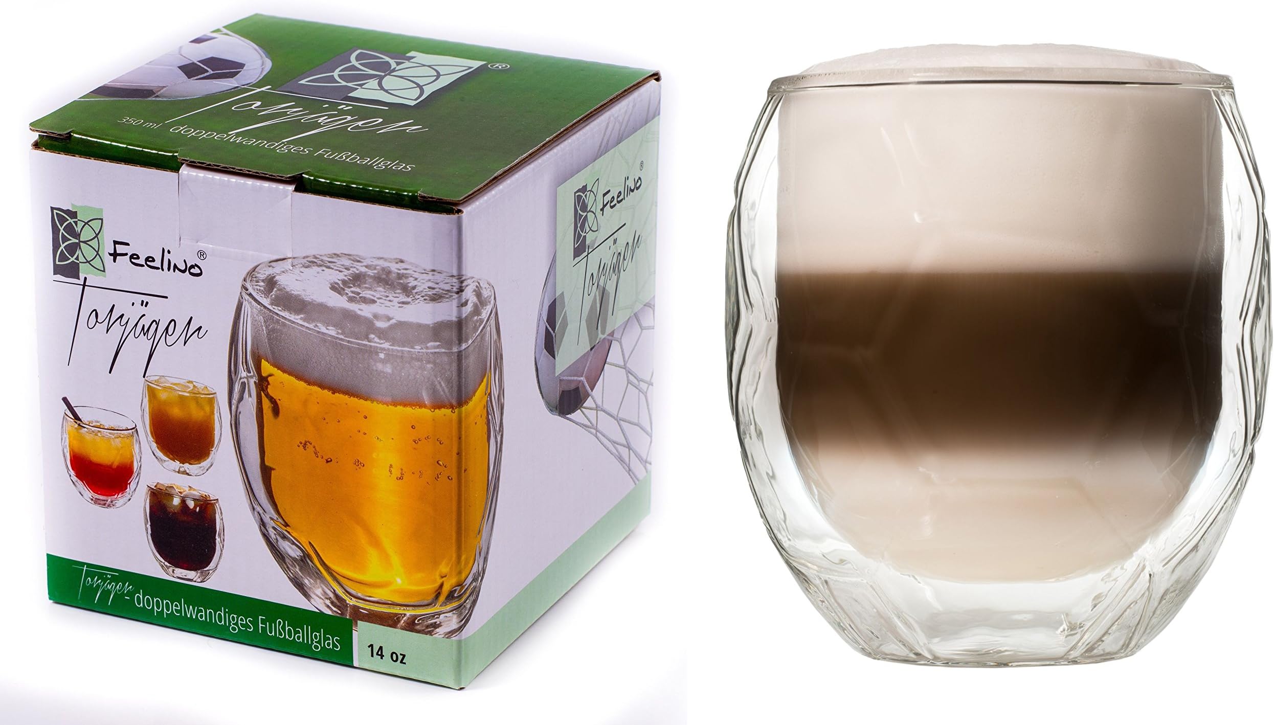 350ml double walled football glass "Goal Scorer" - thermoglass with floating effect for beer, cocktails, latte, cappuccino, tea, juice, ice... - great way to European Championship Football, World Cup