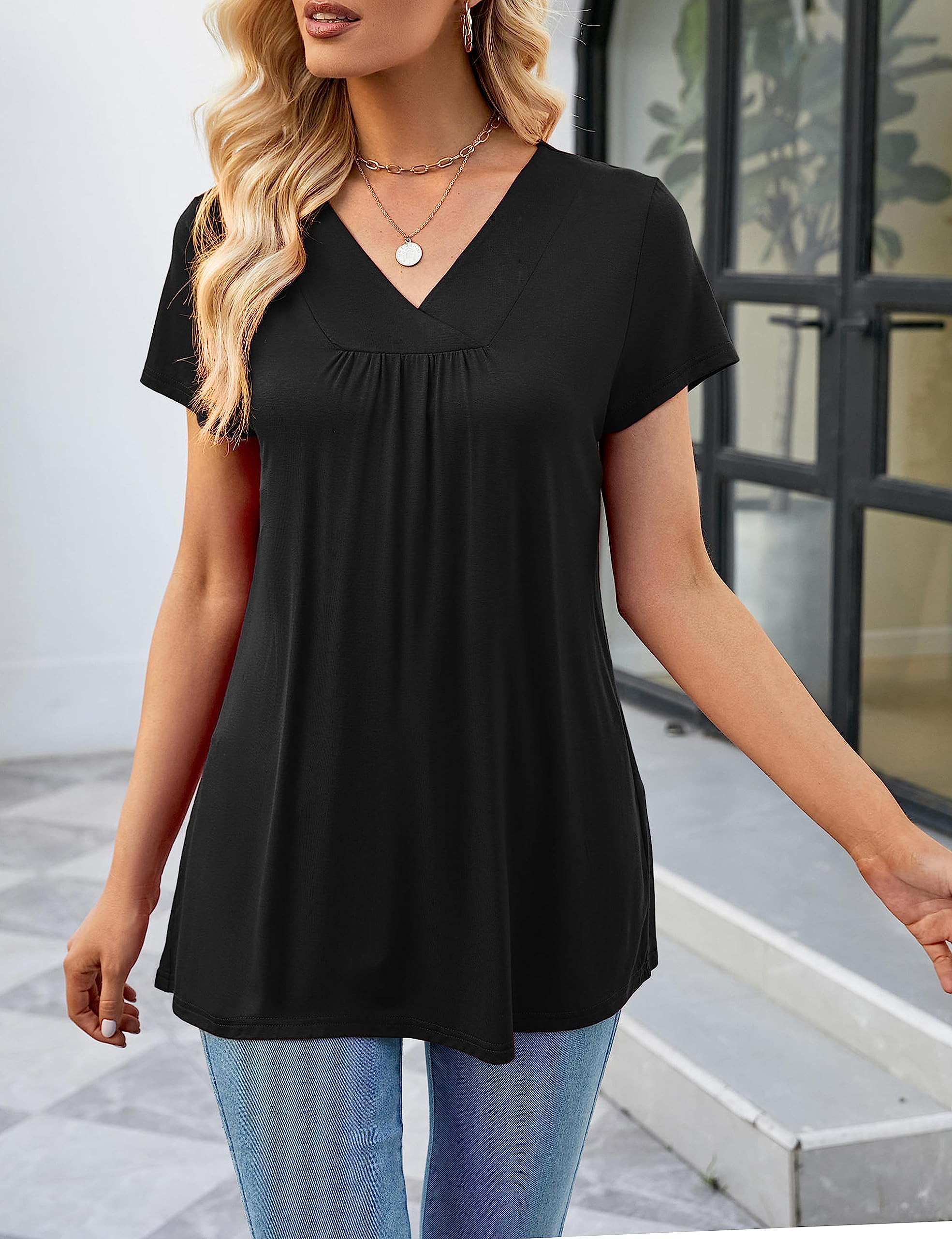 Florboom Shirt Damen Kurzarm/Langarm Tshirts V Ausschnitt Plissiert Oberteile Tunika