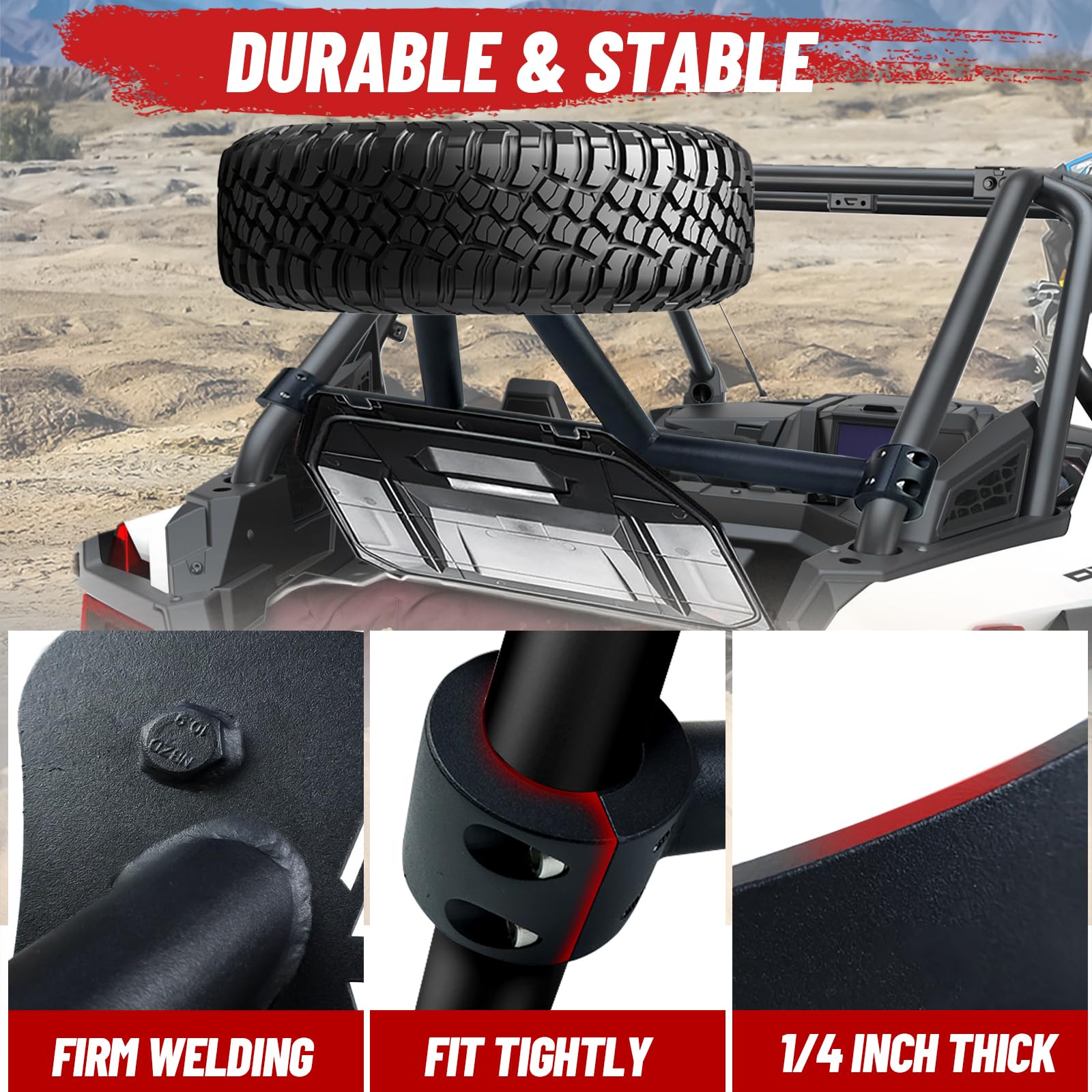 StarknightMT RZR Spare Tire Carrier Spare Tire Mount Tire Holder Rack Black Coated Steel Compatible with Polaris 2014-2023 RZR XP 4 1000/RZR XP1000/2016-2021 RZR XP Turbo #2879464 (UP to 30" TIRE)
