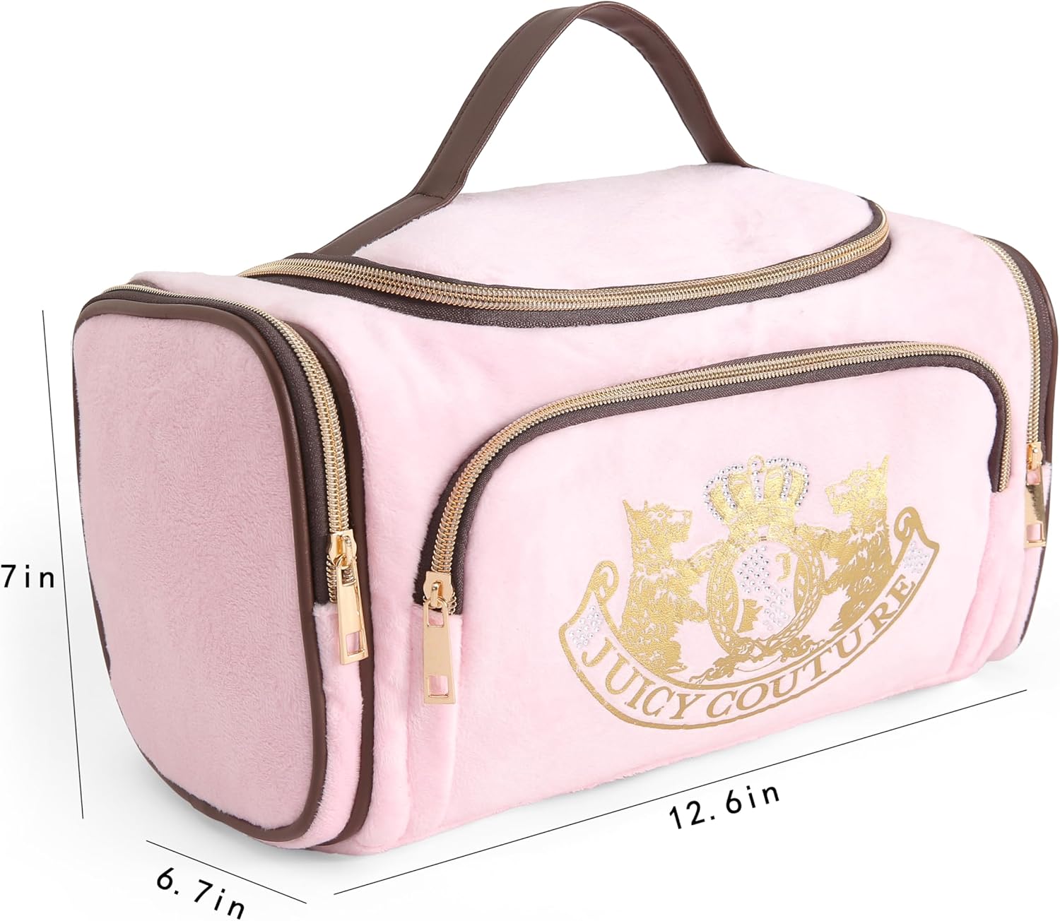 Juicy Couture Pink Makeup Bag Cosmetics Organizer Travel Essentials Duffel Velour Gold Terrier Dog Rhinestone Crown