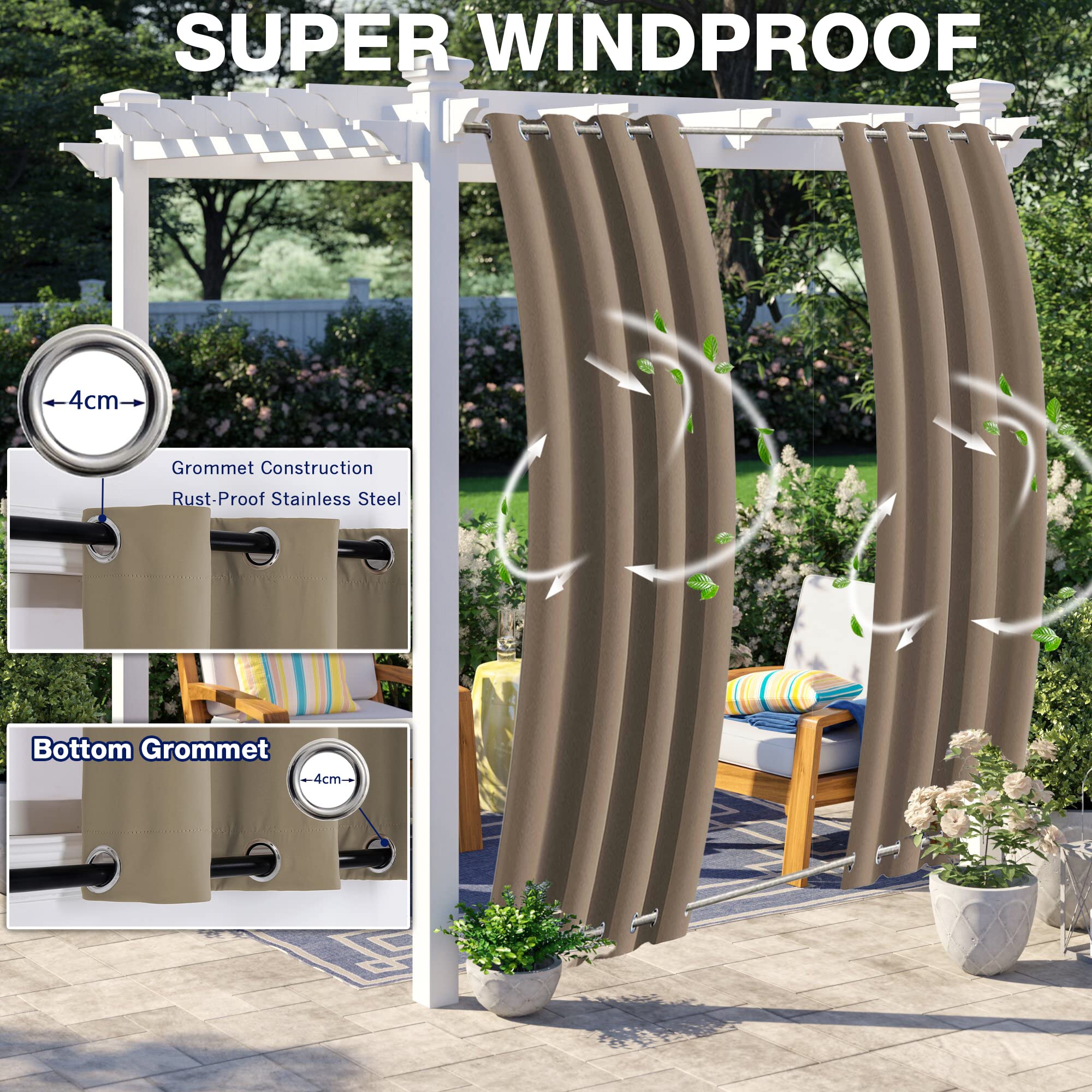 Outdoor Curtain Weatherproof with Eyelets Top and Bottom (Many Heights and Widths to Choose From), Waterproof Privacy Screen, Patio Sun Protection for Balcony, Porch, Pergola, Gazebo, Brown - Image 3