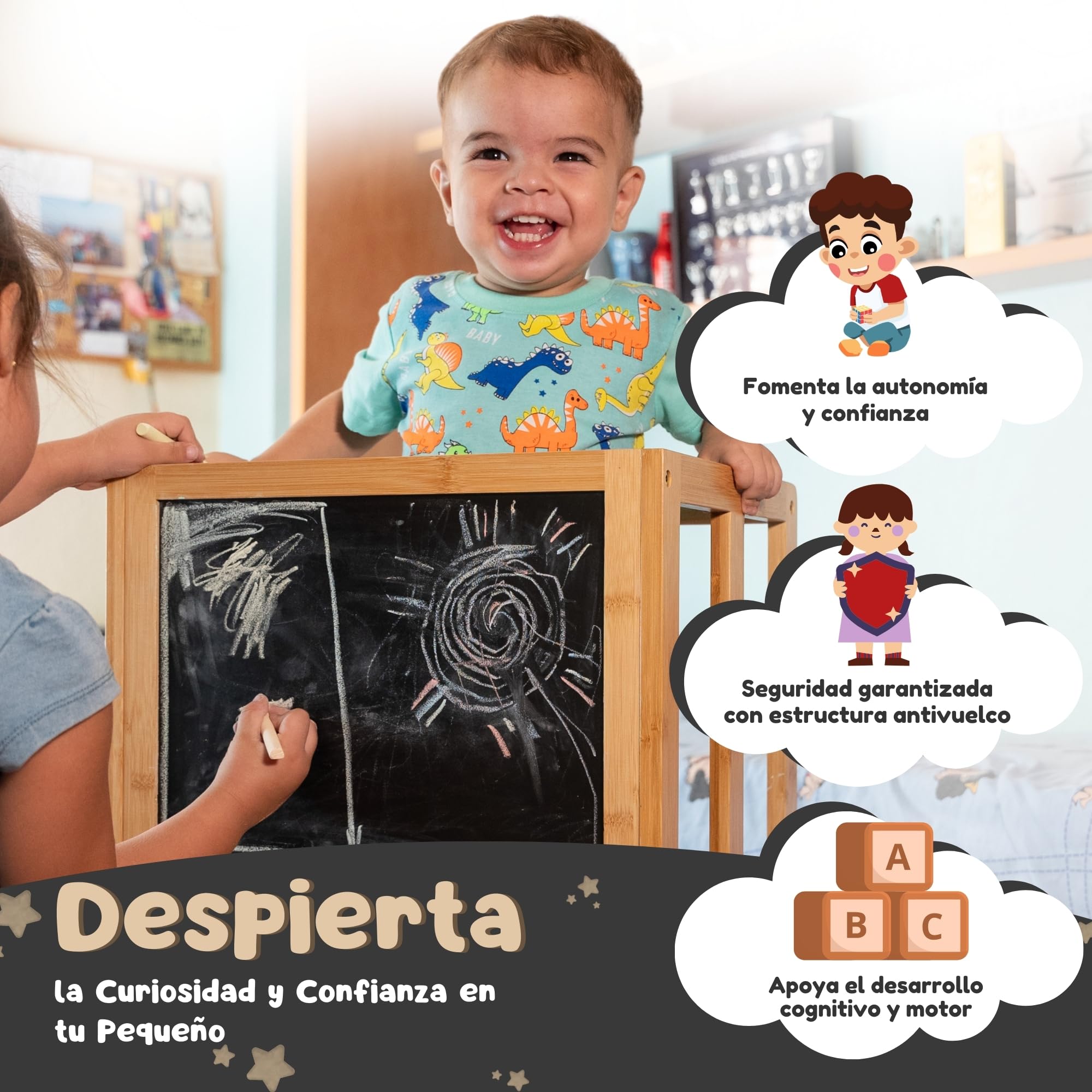 Torre de Aprendizaje Montessori de Bambú Antivuelco, Taburete Infantil y Juguetes