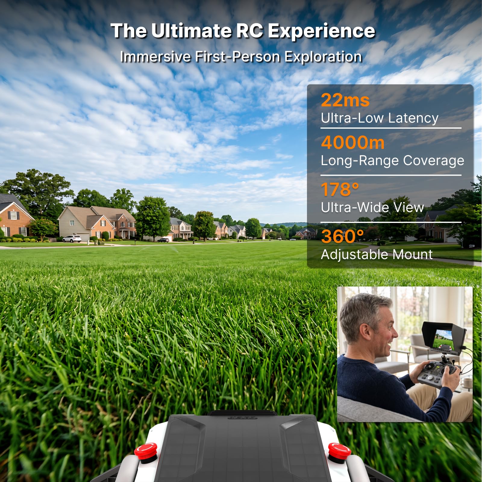 Mowrator MowFun FPV Kit 1080p 60fps HD View Dual Batteries | 178° Wide Angle Camera, 4km Transmission, 22ms Low Latency, 7-inch Display, Indoor View, SD Card Support, HDMI Connection