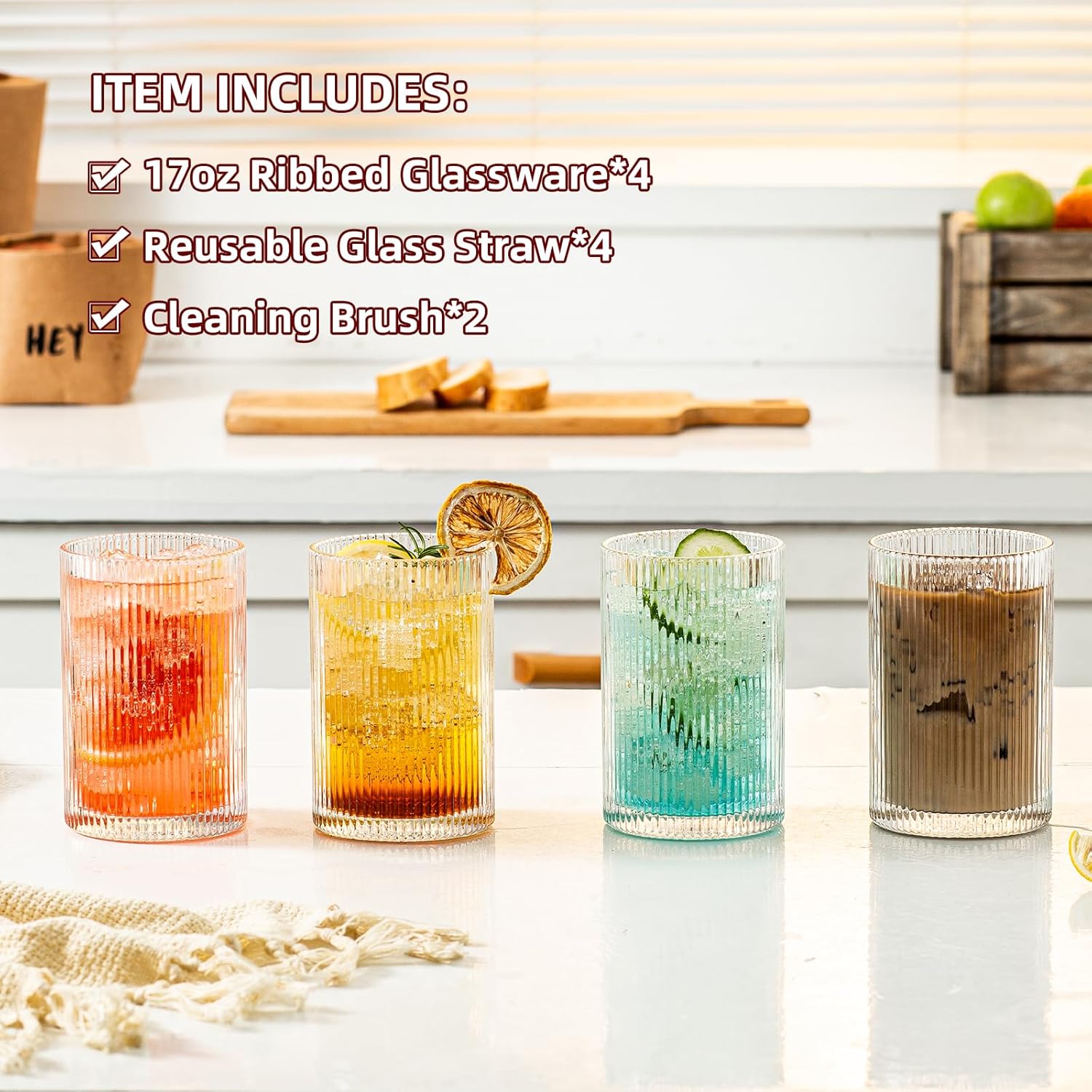 INSETLAN 17oz Ribbed Glassware Set of 4, Glass Cups Large Vintage Glassware Set, Origami Style Cocktail Glasses, Ideal for Beer, Juice, Water, Ice Coffee Cup, Whiskey - Image 4