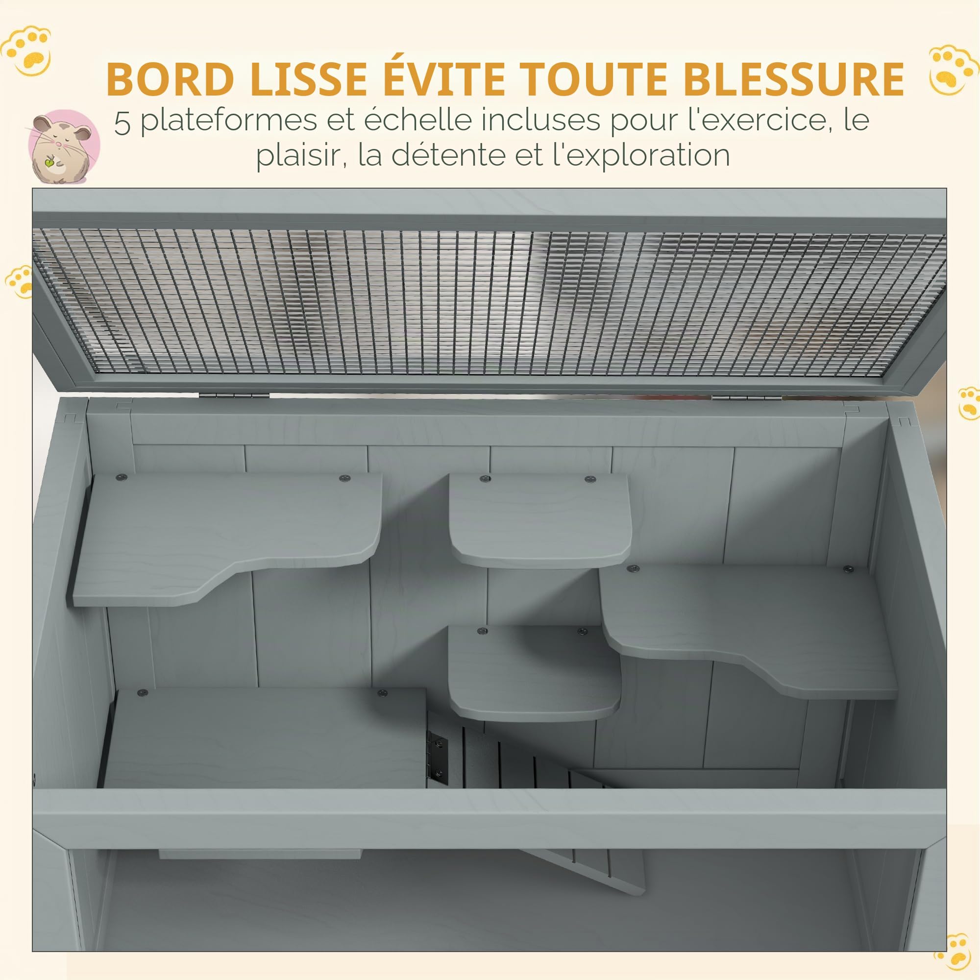 PawHut Cage en Bois pour Hamster avec Étagère 60x40x80 cm Gris