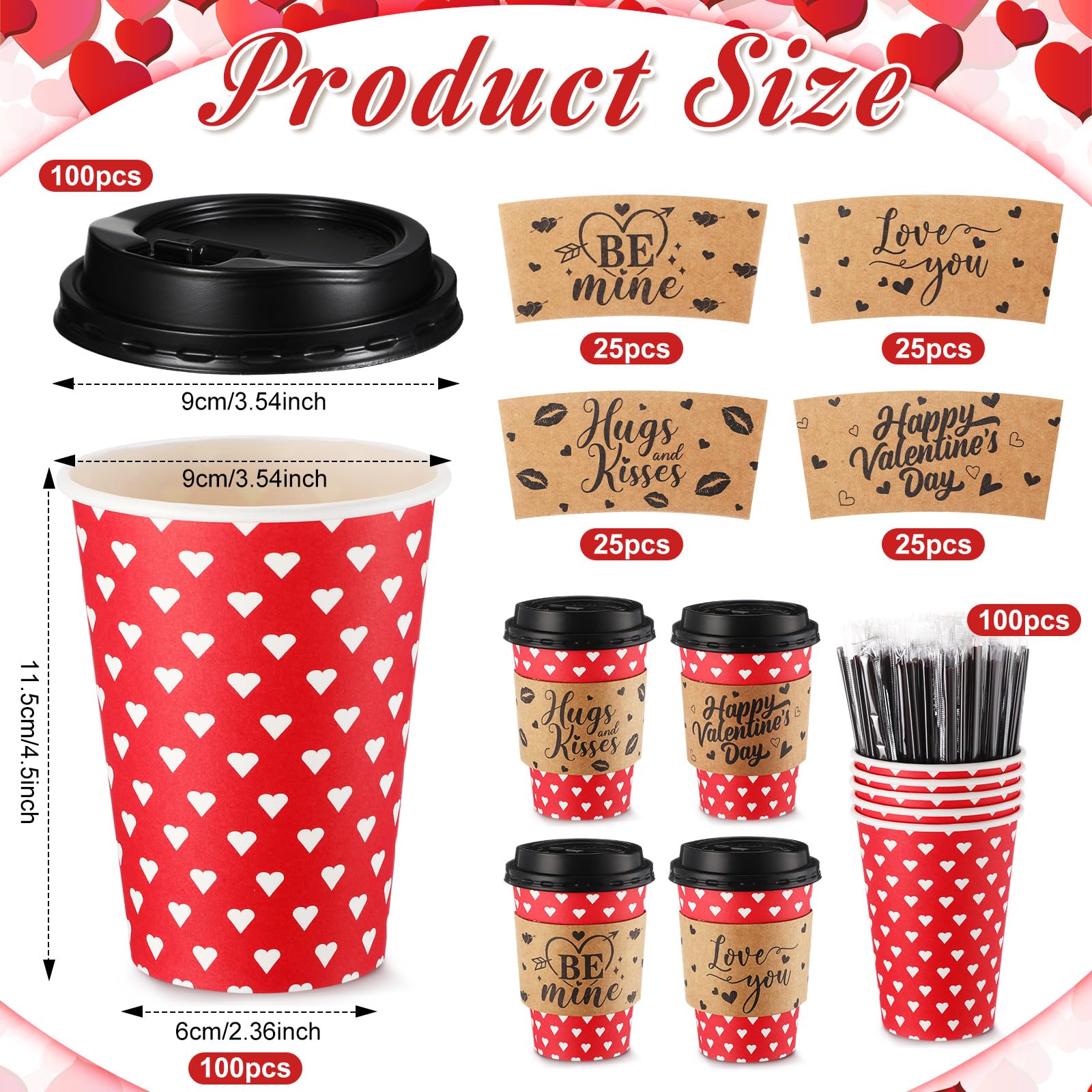 Layhit 100 tazze da caffè per San Valentino, bicchieri di carta usa e getta, con coperchio, maniche e cannucce per mescolare, per inverno, San Valentino, cioccolata calda, forniture per feste