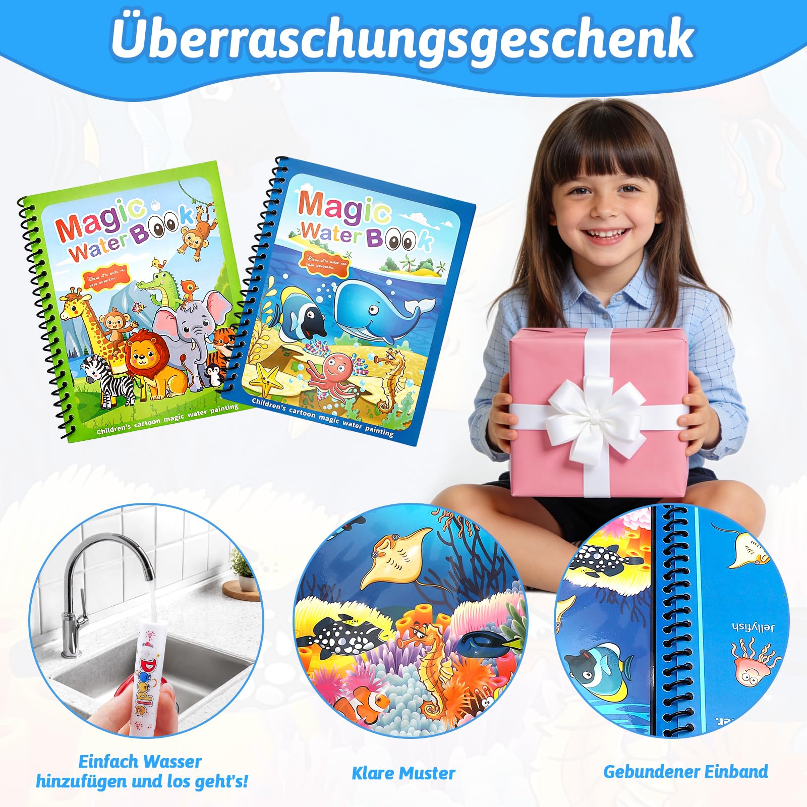 2 libri da colorare ad acqua con 2 penne ad acqua per bambini, riutilizzabili, Aqua Doodle Baby libro da colorare Water Wwow, libro da colorare ad acqua a partire dai 2 anni, Magic Water Book
