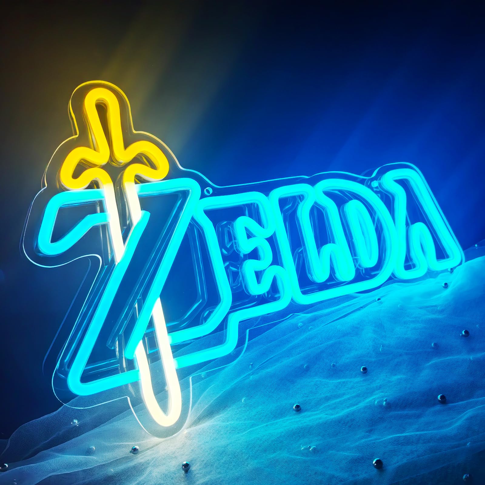 ZELDA Game Elements Logo LED Néon Cadeau pour les amis et la famille Interrupteur d'alimentation USB Lumière réglable Studio d'étude Club Décoration murale Néon 5 V (Jaune + Bleu glacier)