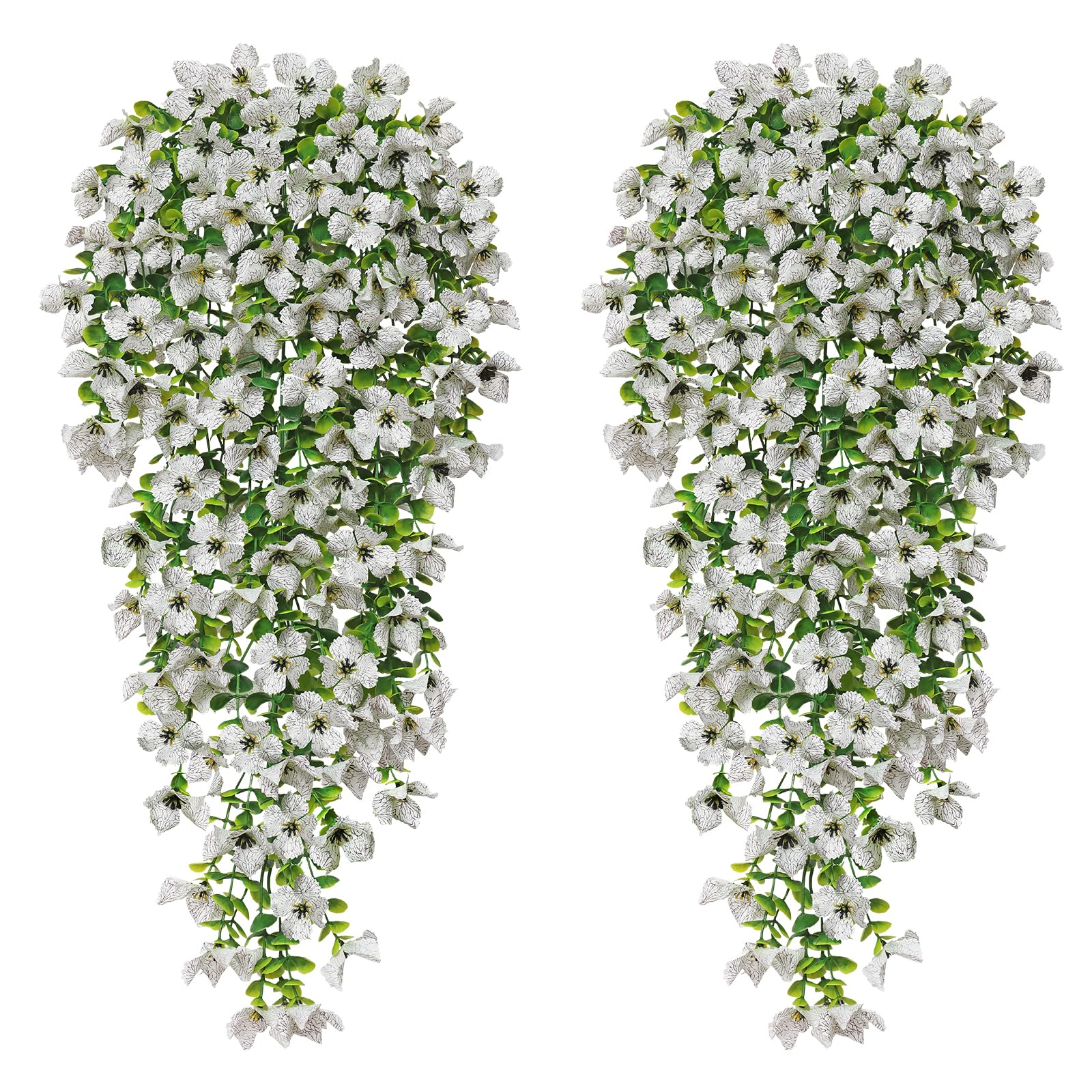 MEIVINES 2PCS Artificial Hanging Flowers 77cm Artificial Hanging Plants Outdoor UV-Resistant Fake Hanging Flowers Bouquet Artificial Flowers for Hanging Baskets Garden Wall Home Decoration (White)