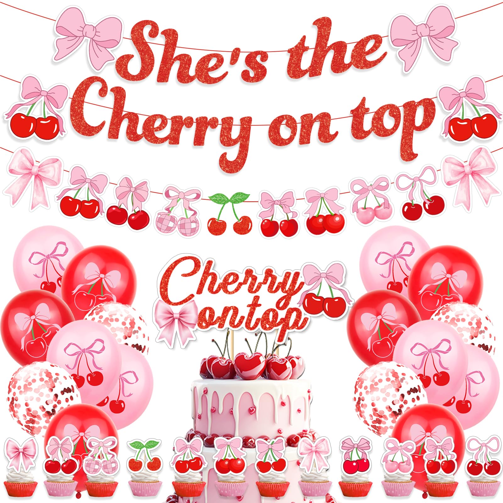NeusWonder 32 Pcs Cherry Party Decoration, She's The Cherry On Top Birthday Party Supplies with Banner, Balloons, Cake Topper and Cupcake Toppers for