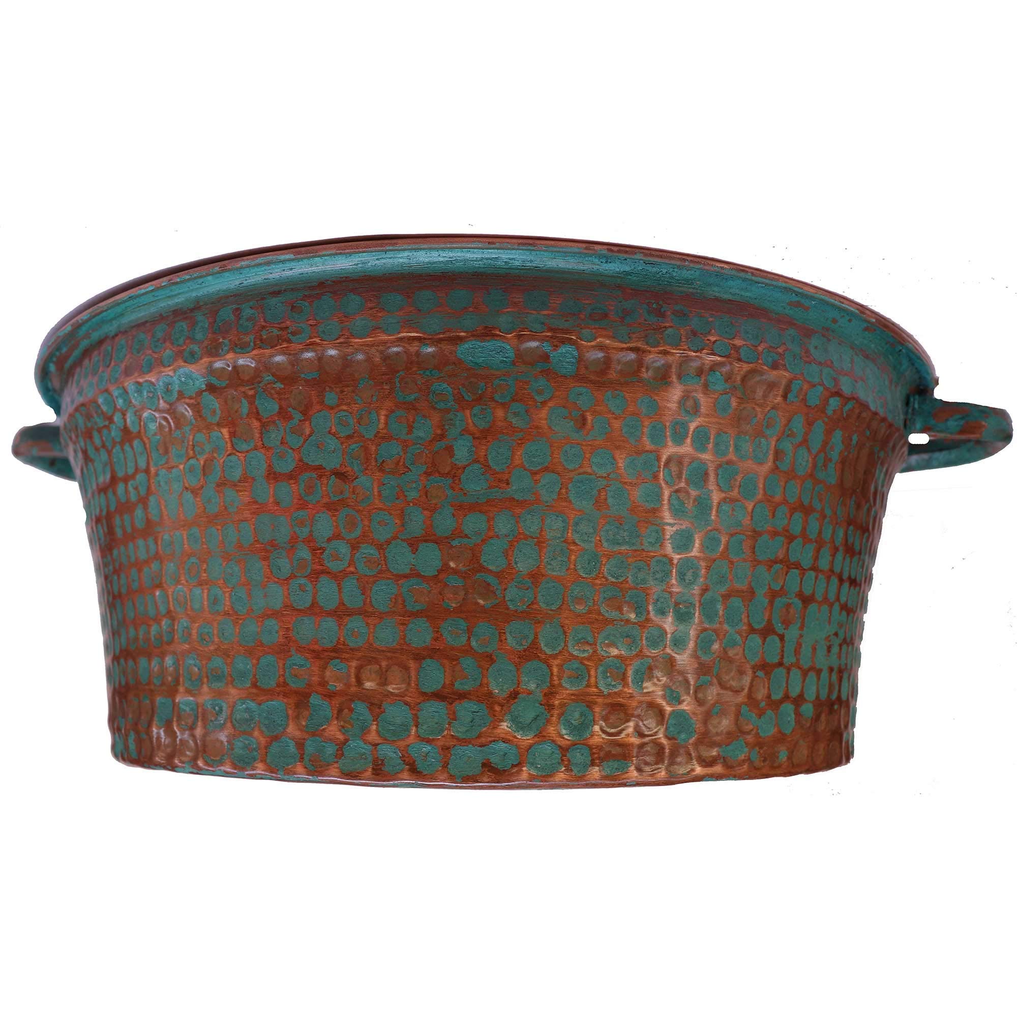 Side Handles Portable Rustic Verde Exterior Polished Interior Copper Foot Bath Care Comfort Shower Spa Relaxation Pedicure Side Bowl Massage Wellness Body Health Improvement Tub Basin Cauldron Pot
