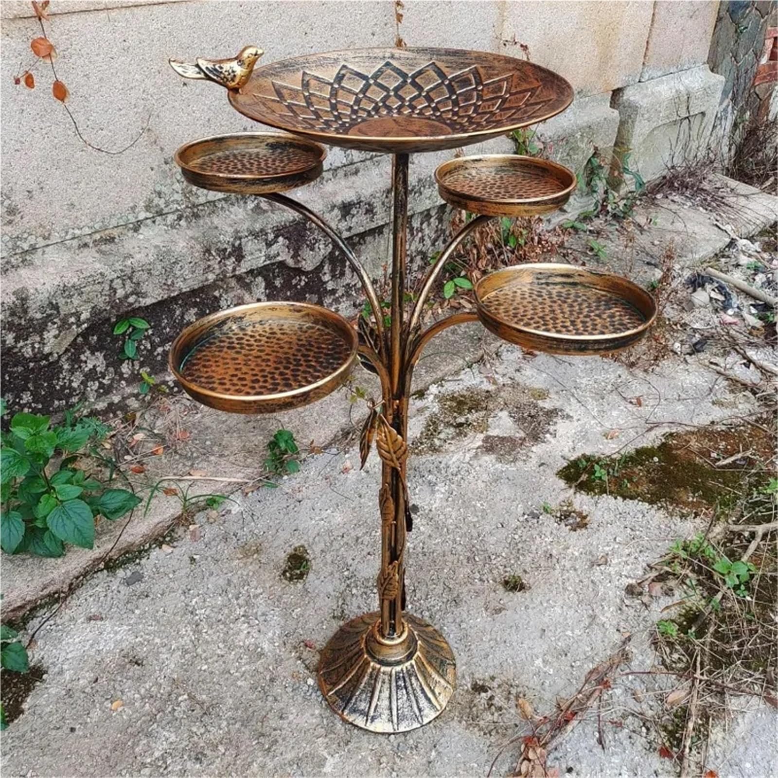 Metal Bebedero pajaros con Pie Baño for pájaros al Aire Libre con Base de Hierro Fundido 33,5 "H | Bandeja de cuenco de alimentación de pájaros de metal, decoración de patio de jardín de baño de pájaros de metal