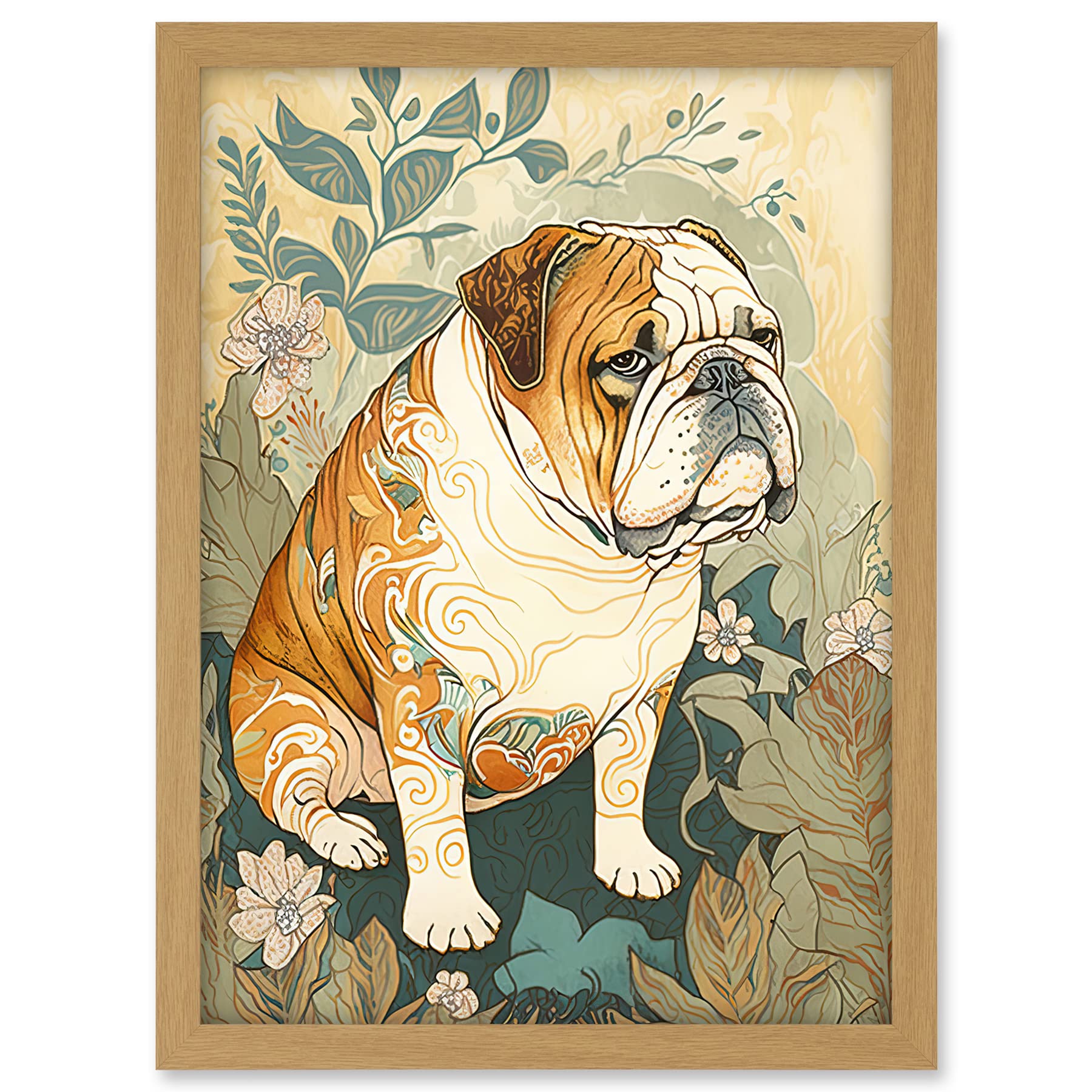 Artery8 Bulldog with Ornate Pattern Fur Coat in Flower Field Modern Watercolour Illustration Artwork Framed A3 Wall Art Print