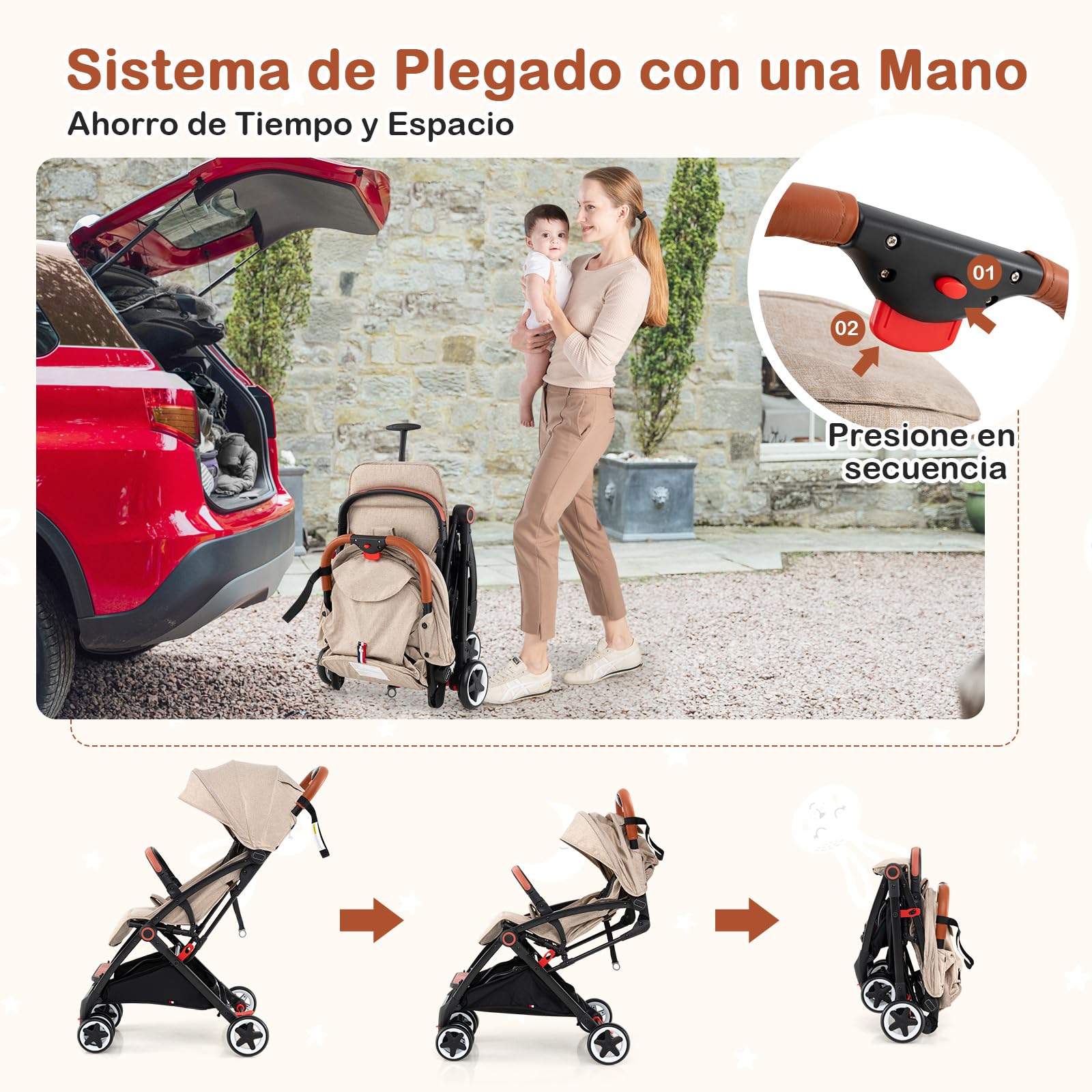 COSTWAY Silla de Paseo Plegable, Cochecito de Bebé con Solo Botón de Plegado, Marco de Aluminio Ligero, Respaldo y Reposapiés Ajustables, Toldo Retráctil para Bebés de 6-36 Meses (Beige, Sin Mochila)