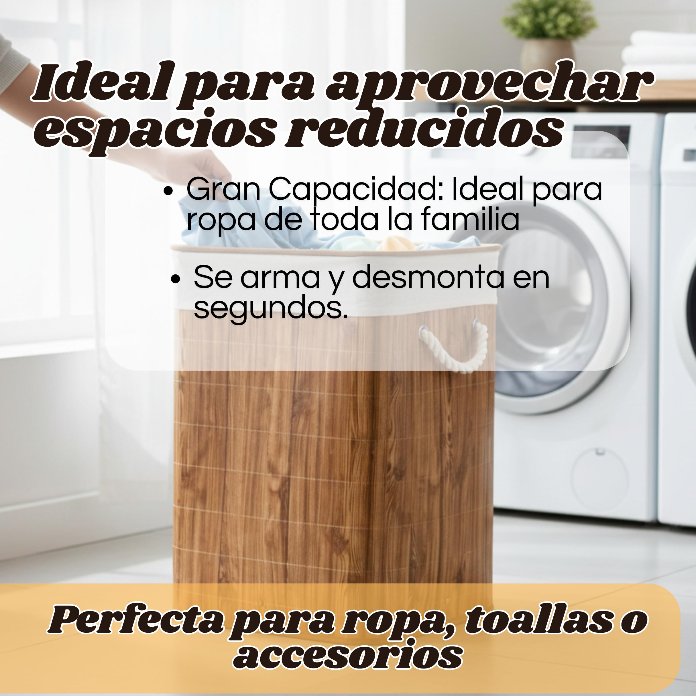 Weida Cesto de la Ropa Sucia de Bambú | Rectangular con Tapa y Asas Plegable | Bolsa Extraíble y Lavable |Moderno, para baño o Dormitorio | Marrón Madera (60cm-40cm-30cm Rectangular) - 5