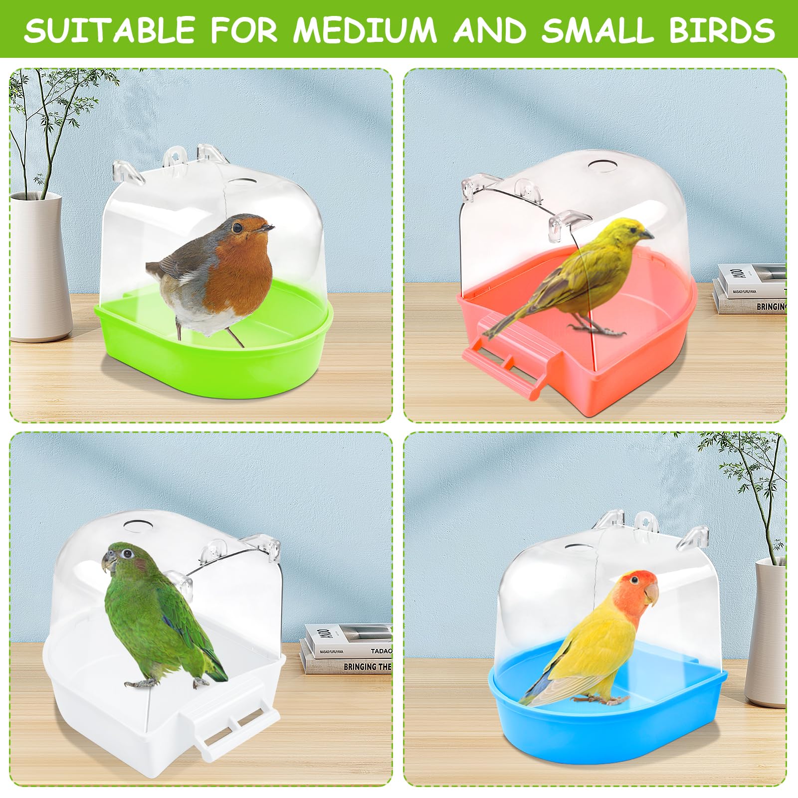 Supkiir 4Pcs Clear Bird Bath for Cage, Parakeet Bath Cage Accessories with Water Injectors, Hanging Bird Bath Box Parrot Bird Bathing Tub for Small Birds Cockatiel Conure Canary Budgies - image 6