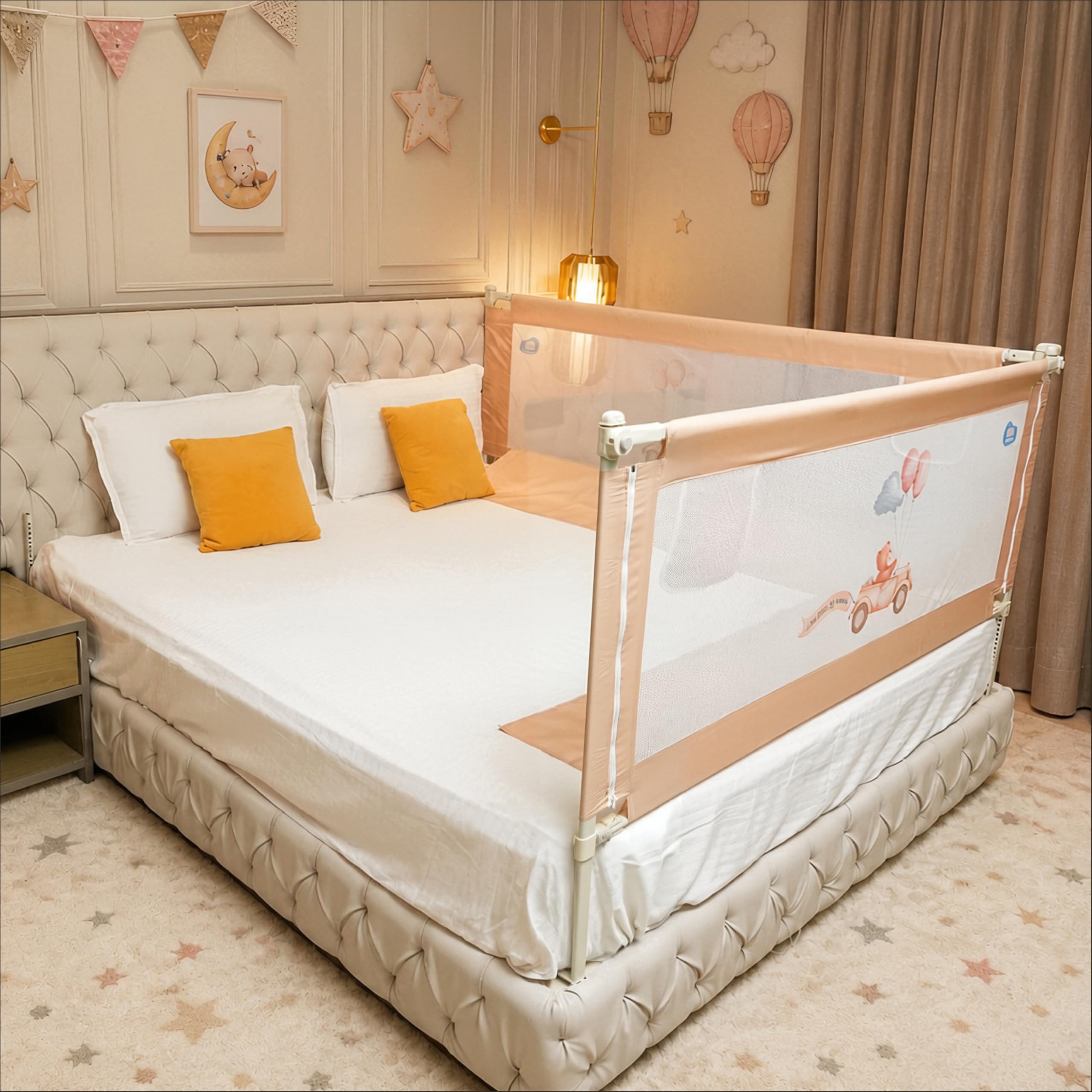 Kids Station 2 Side Premium Bed Rail Guard (6ft x 5ft / 180cm x 150cm), Bed Railing for Baby Safety, Kids Toddler Bed Protector Side Walls, Adjustable Height, Portable & Foldable (Beige)-image-32