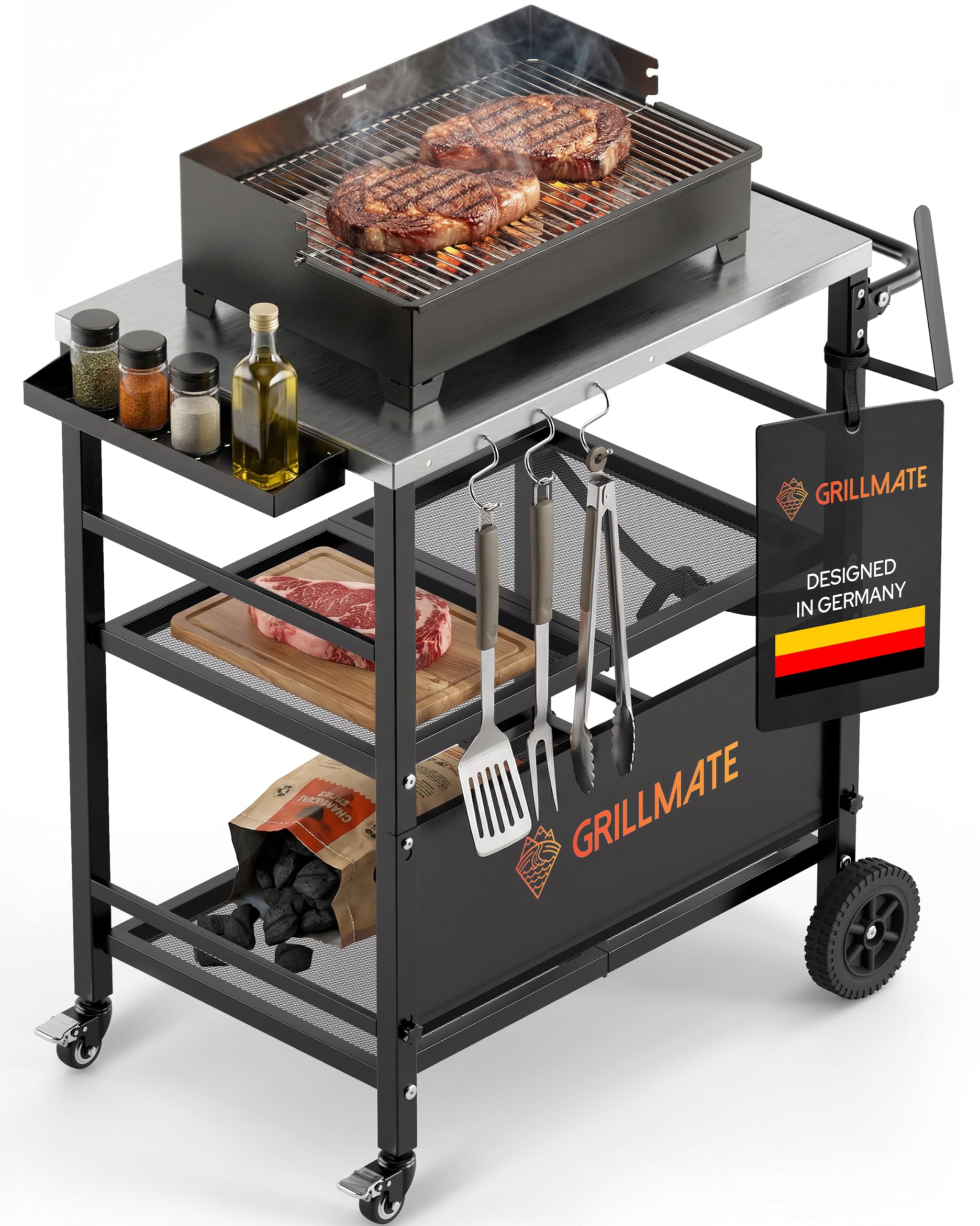 GRILLMATE Grilltisch Outdoor Wetterfest Klappbar | Grillwagen, Servierwagen, Tisch für Weber Grill, Gasgrill, Pizzaofen | Beistelltisch für Balkon Rostresistent, Portabel | JETZT NEU (Edelstahl)