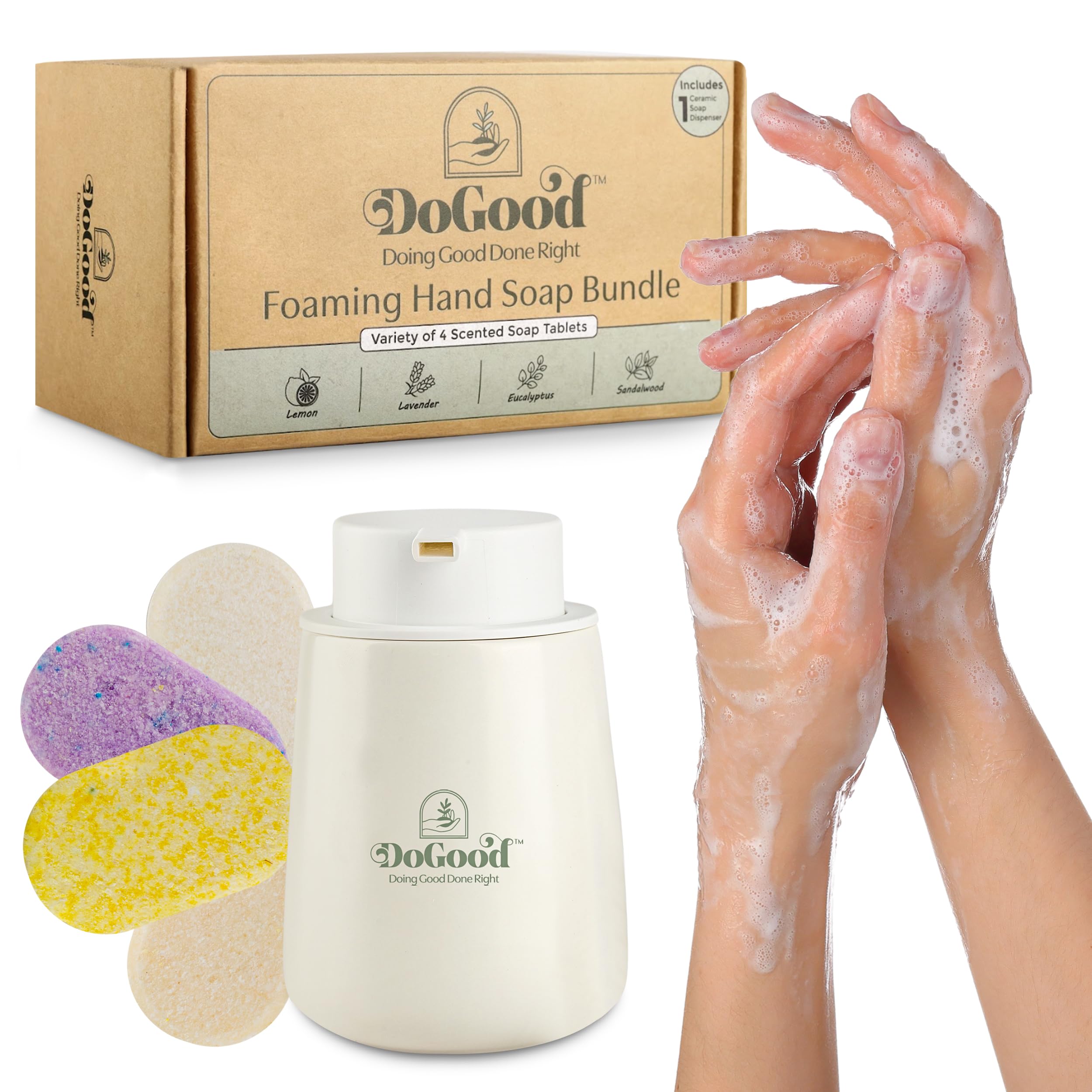 DoGood Foaming Hand Soap Starter Kit – Refillable 350 mL Ceramic Dispenser & 4 Scented Tablets – Eco-Friendly Zero-Waste Foam Soap (Lavender, Lemon, Eucalyptus, Sandalwood)