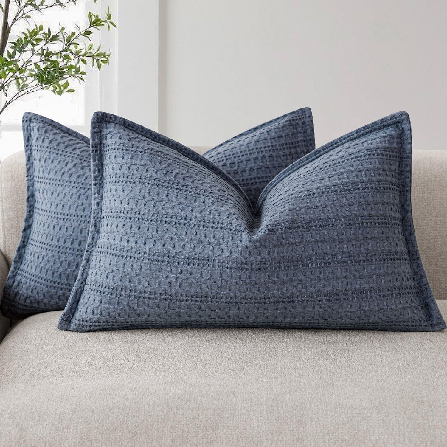 Housses de coussin lombaire en coton gaufré bleu texturé lot de 2