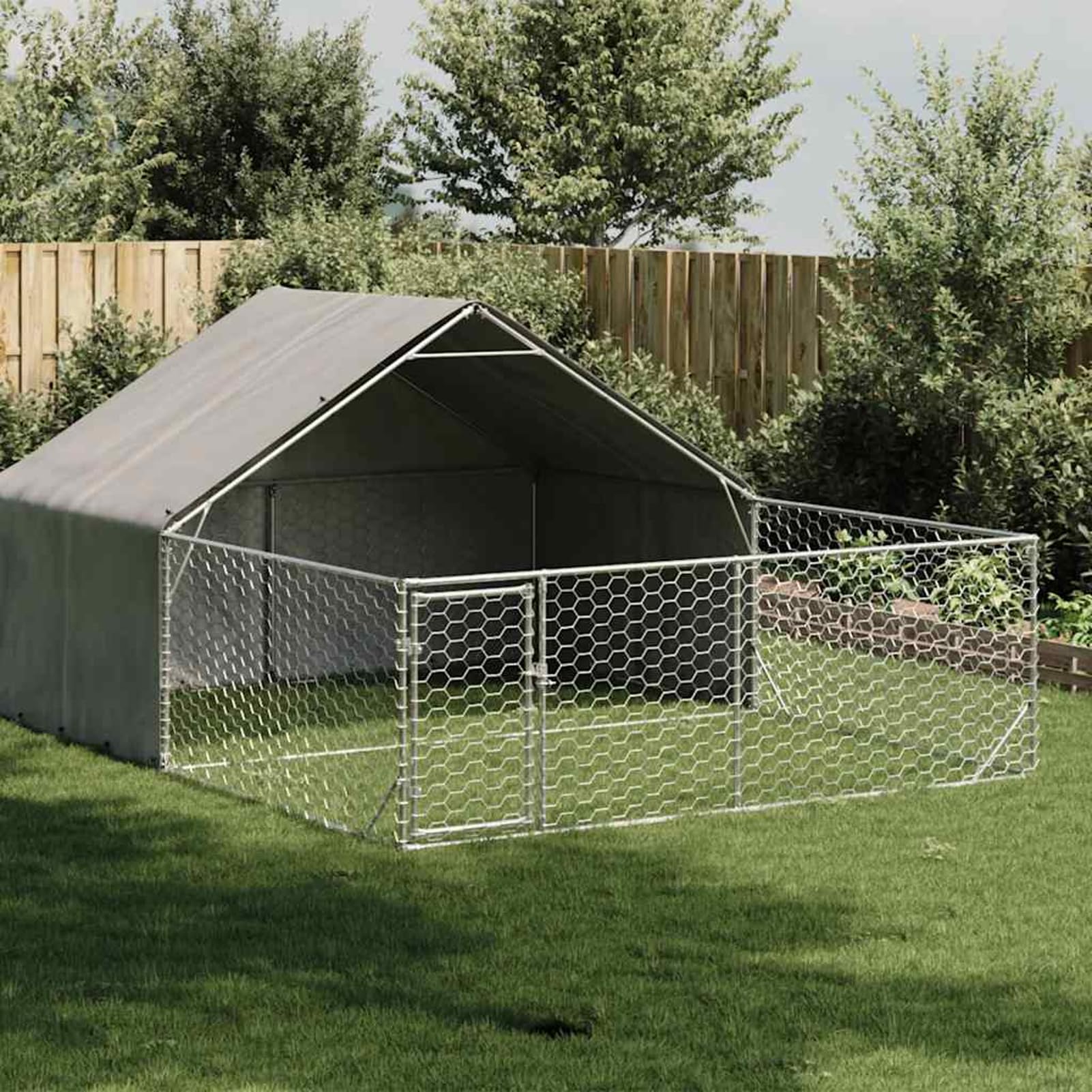 Homgoday Cuccia per Cani da Esterno in Acciaio Zincato con Area Coperta e Corsa Estesa, 5x3x1,9 m, con Porta e Serratura, Impermeabile