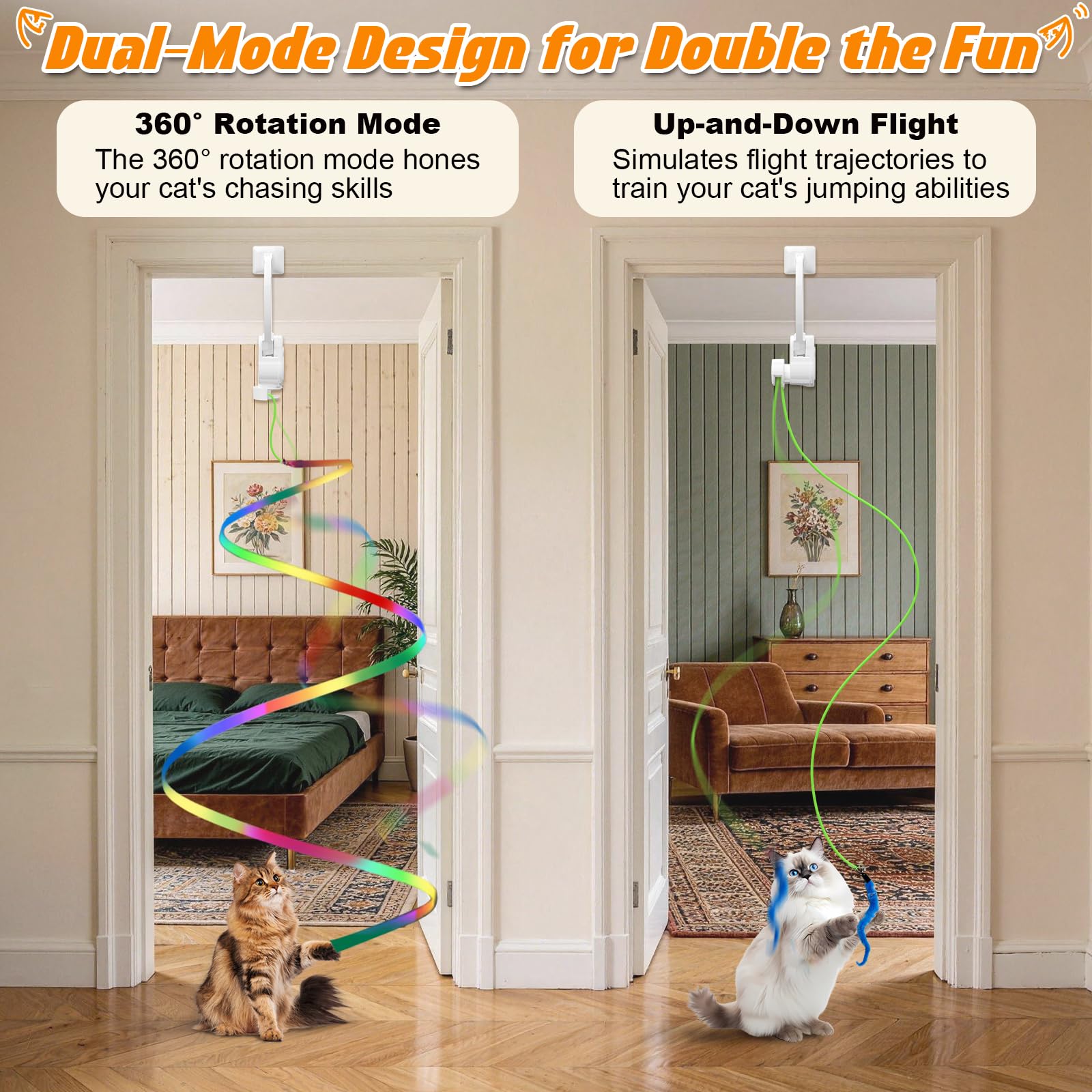 Interaktives Katzenspielzeug, flatternder Vogel und rotierende Feder-Teaser für Indoor-Katzen, hängende Türöffnung, Katzenspielzeug mit Angelrute für Bewegung, Langeweile und lustige Spiele