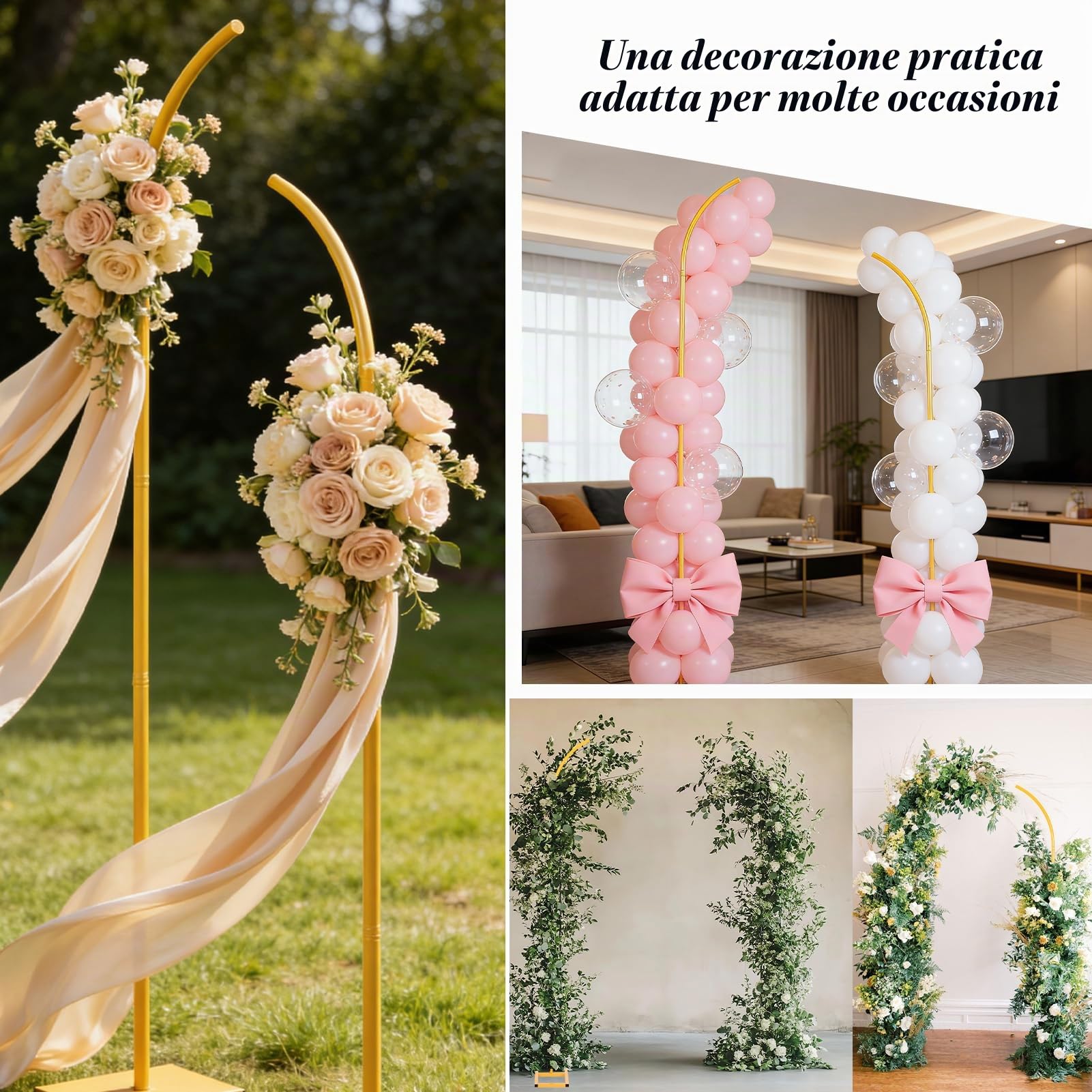 Supporto per arco di palloncini in metallo, set di supporto per sfondo per matrimonio, semicircolare dorato, adatto per compleanni, matrimoni, battesimi e tutti i tipi di celebrazioni (190 cm e 230 cm