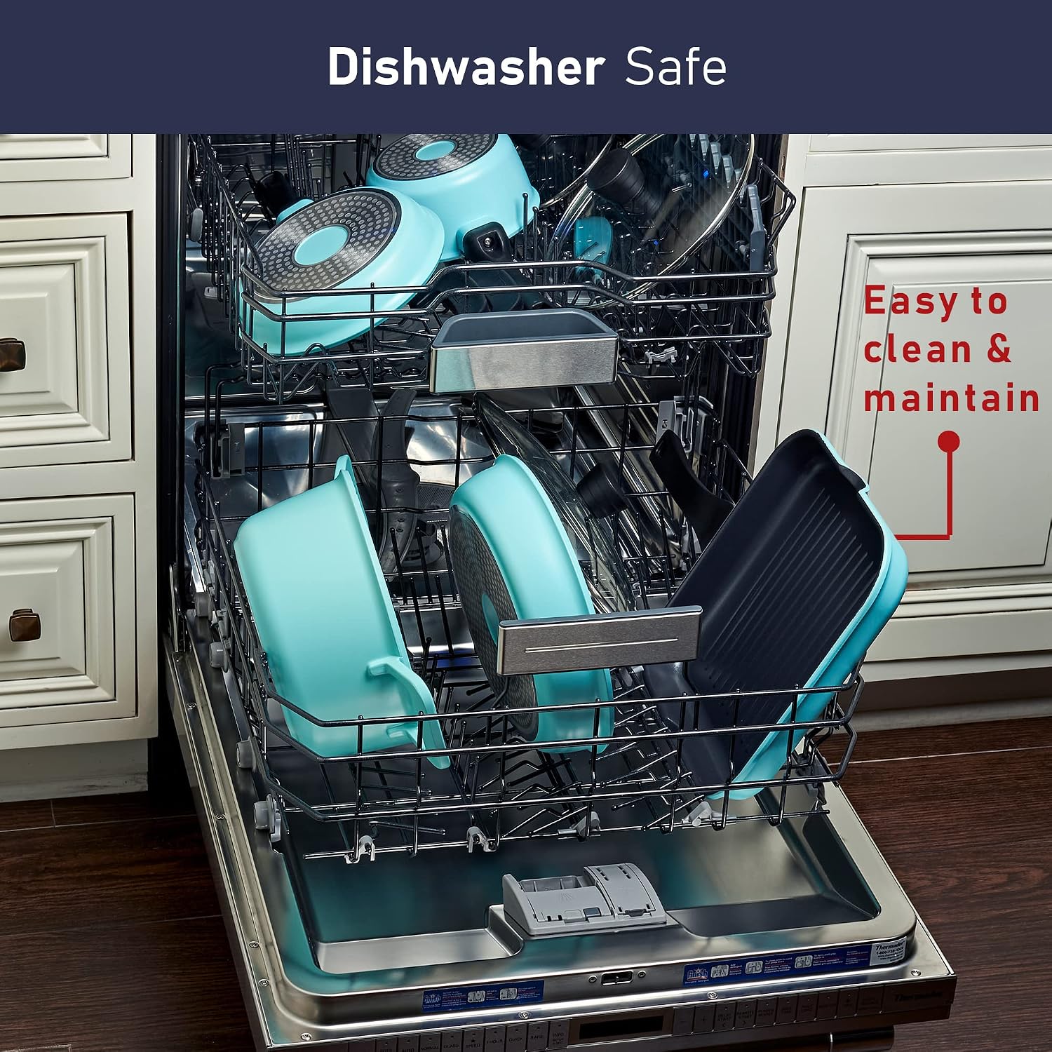 Bergner Retro Cookware pieces inside a dishwasher, indicating they are dishwasher safe.
