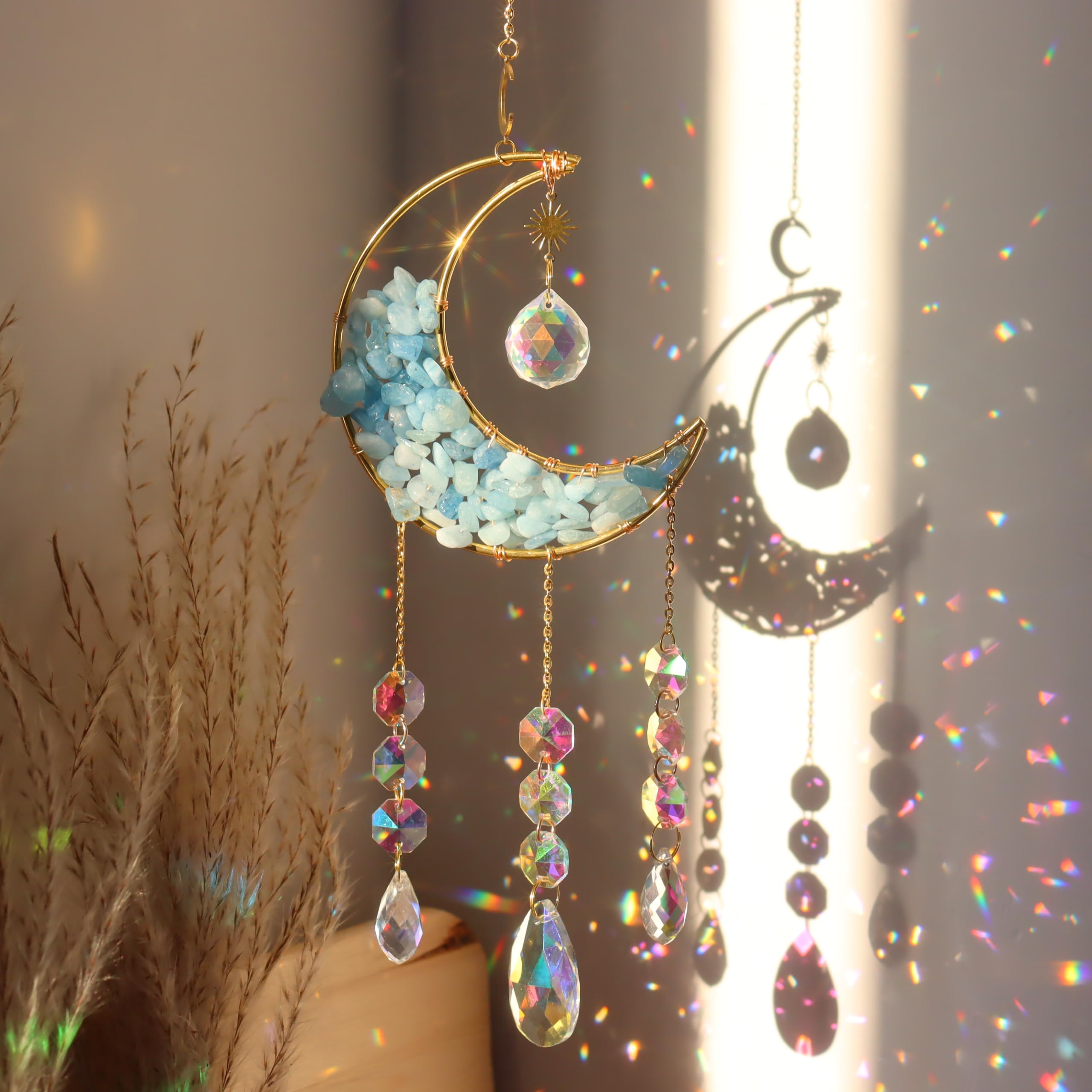 Moon Sun Catcher,Moon Crystal Dream Catcher,Meditation Crystal fit for Window Home Garden Decorations Room Car Garden Party Wedding Decor (Blue)