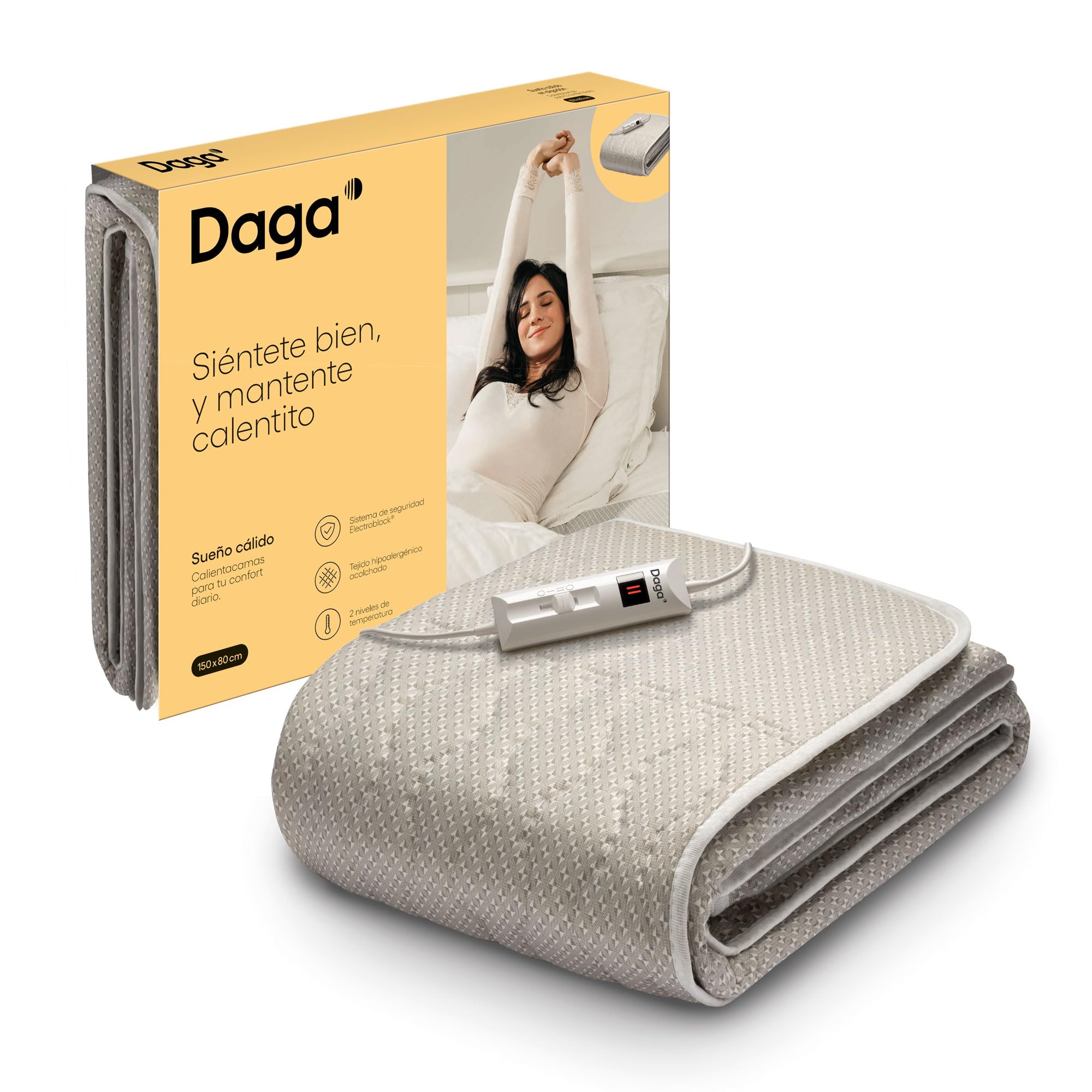 DAGA Calientacamas Individual, Sueño Cálido en tejido hipoalergénico acolchado, sistema de seguridad, 2 Niveles de Temperatura, Ahorro de consumo energético, Certificado OEKO-TEX,150x80 cm
