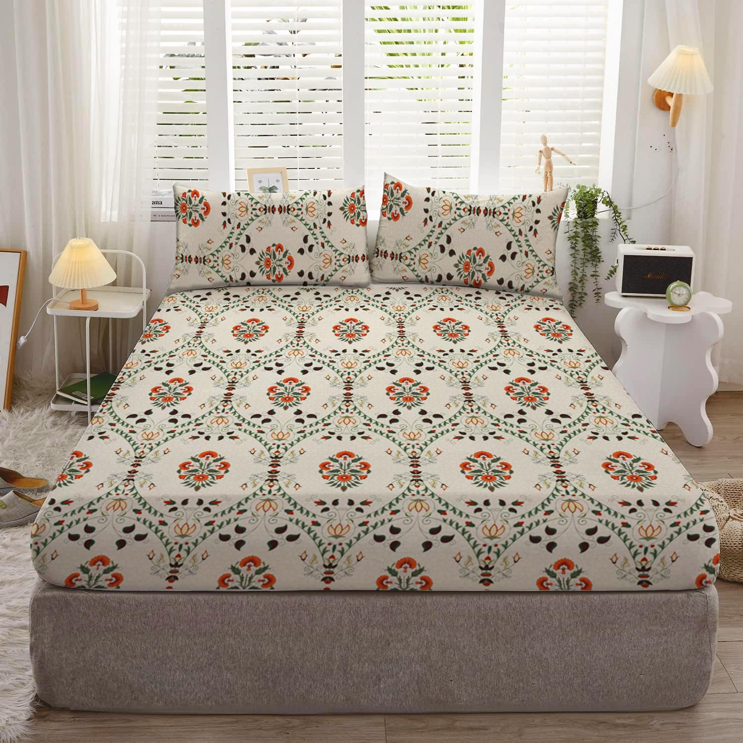 DECOMIZER Cotton Feel Glace Cotton Elastic Fitted Printed King Size Double Bed Bedsheet with 2 Pillow Coverm Fits Upto 8 inches Mattress,Size- 72x78x10 Inches,Beige Jaipuri-300TC
