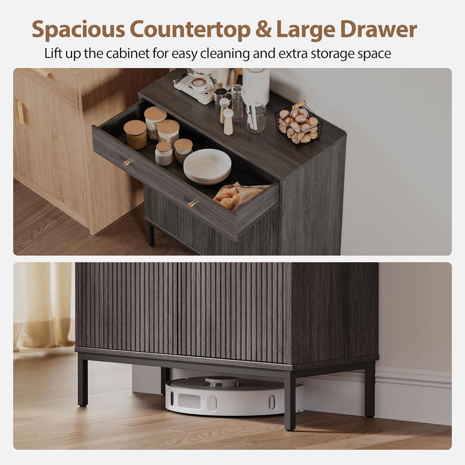 Mericonia Farmhouse Buffet Sideboard Cabinet with Storage, Fluted Coffee Bar with Doors and Adjustable Shelves, Modern Wood Console Cabinet for Kitchen, Livingroom (Fluted 2 Door, Grey)