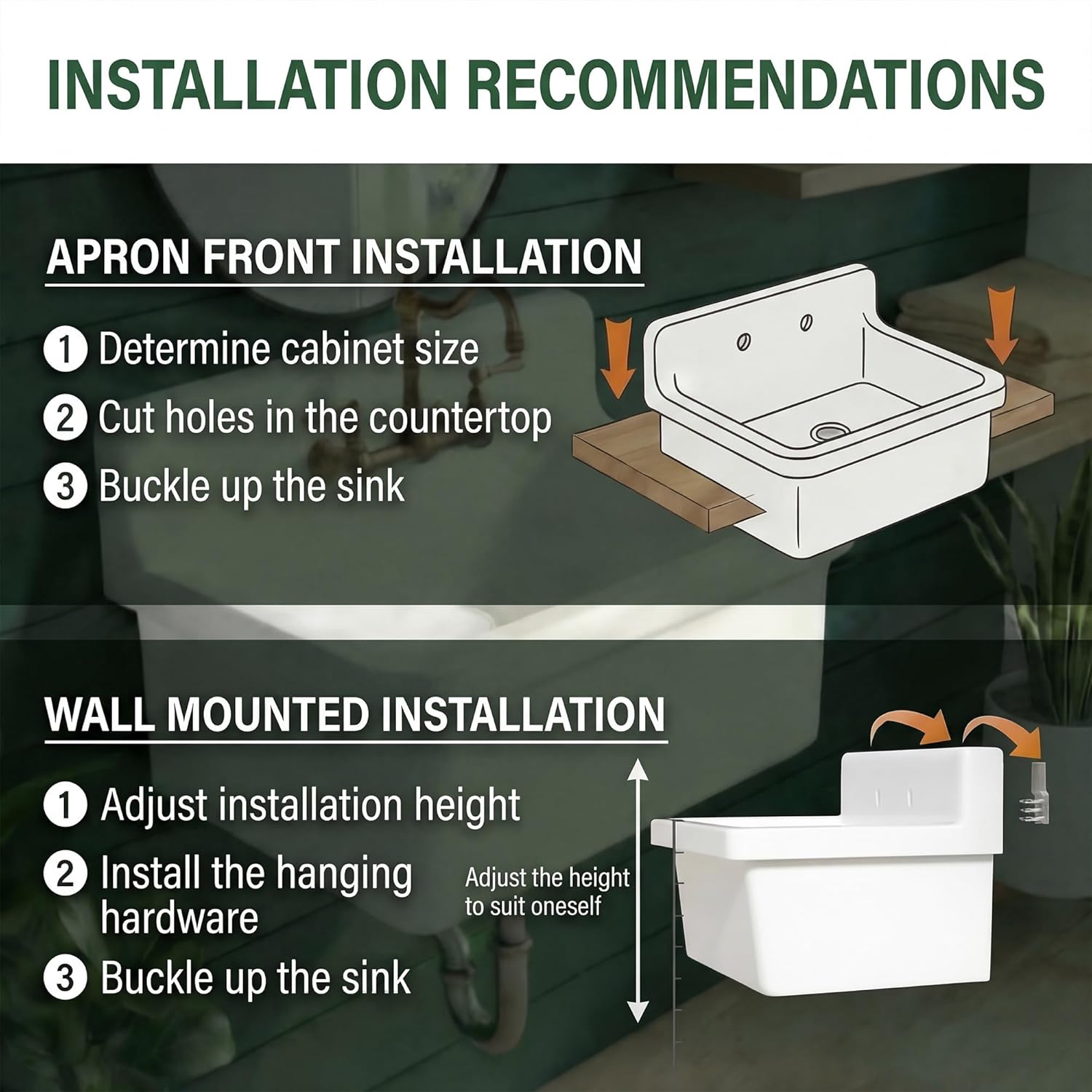 Fireclay White Wall Mount Utility Sink 24 Inch - Fireclay Laundry Sink,24"x20"x16" Farmhouse Style High Back,Wall Mounted,Drop in,Countertop, for Laundry Room, Garage, Kitchen, Bathroom